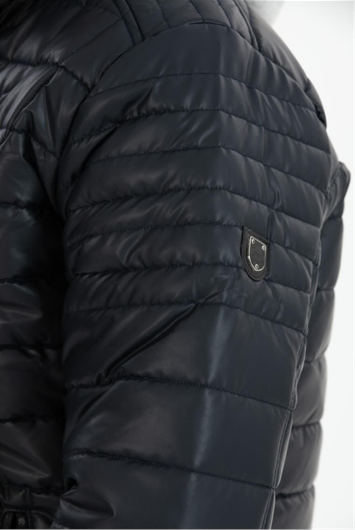 Wholesale Navy Faux Leather Hooded Puffer Jacket 3036L