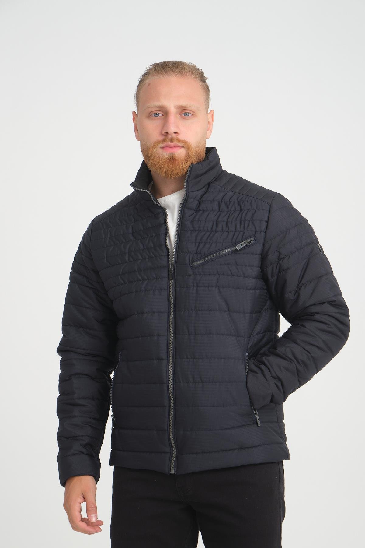 Wholesale Navy Chest Zipper Detail Stand Collar Jacket 3083L