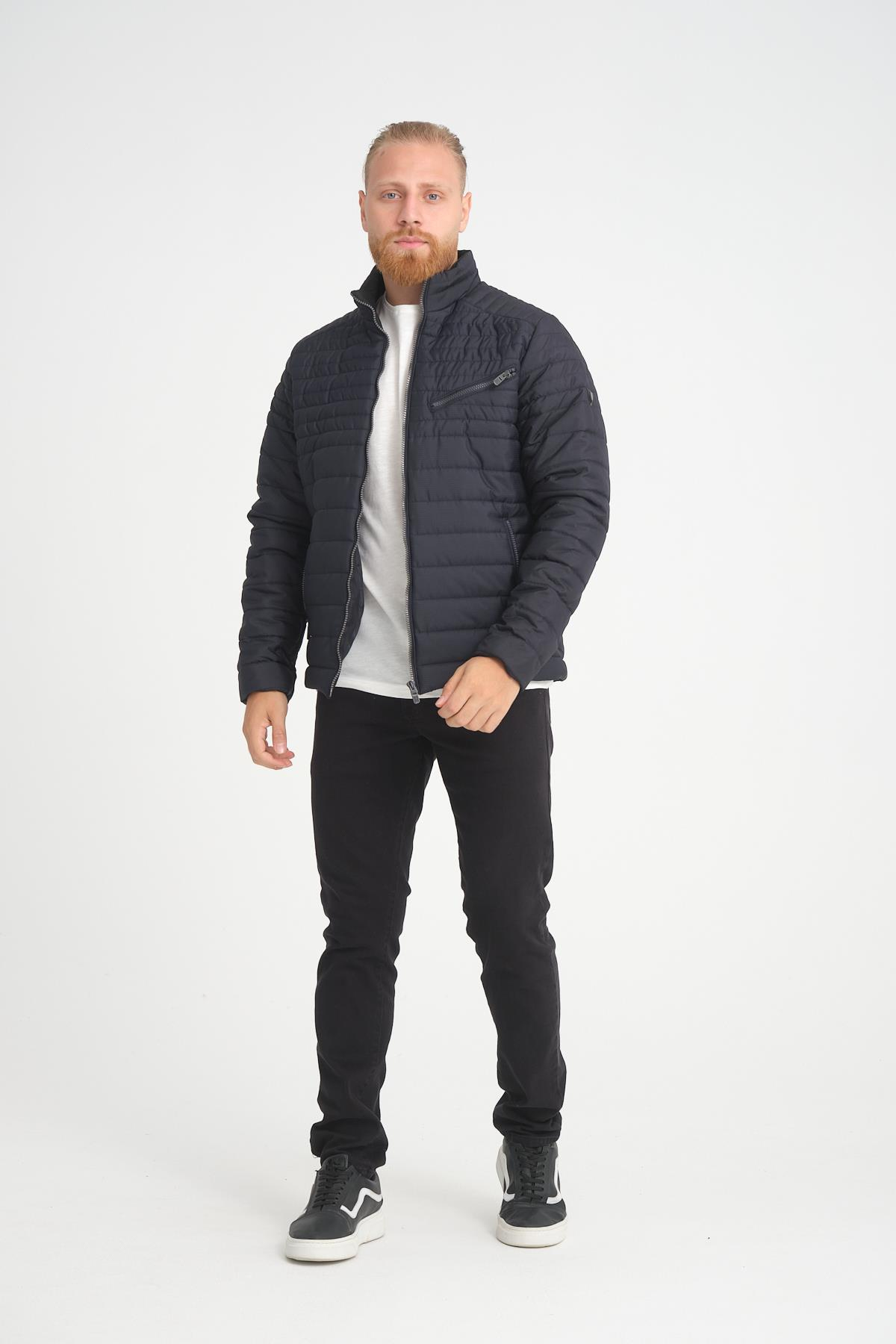 Wholesale Navy Chest Zipper Detail Stand Collar Jacket 3083L