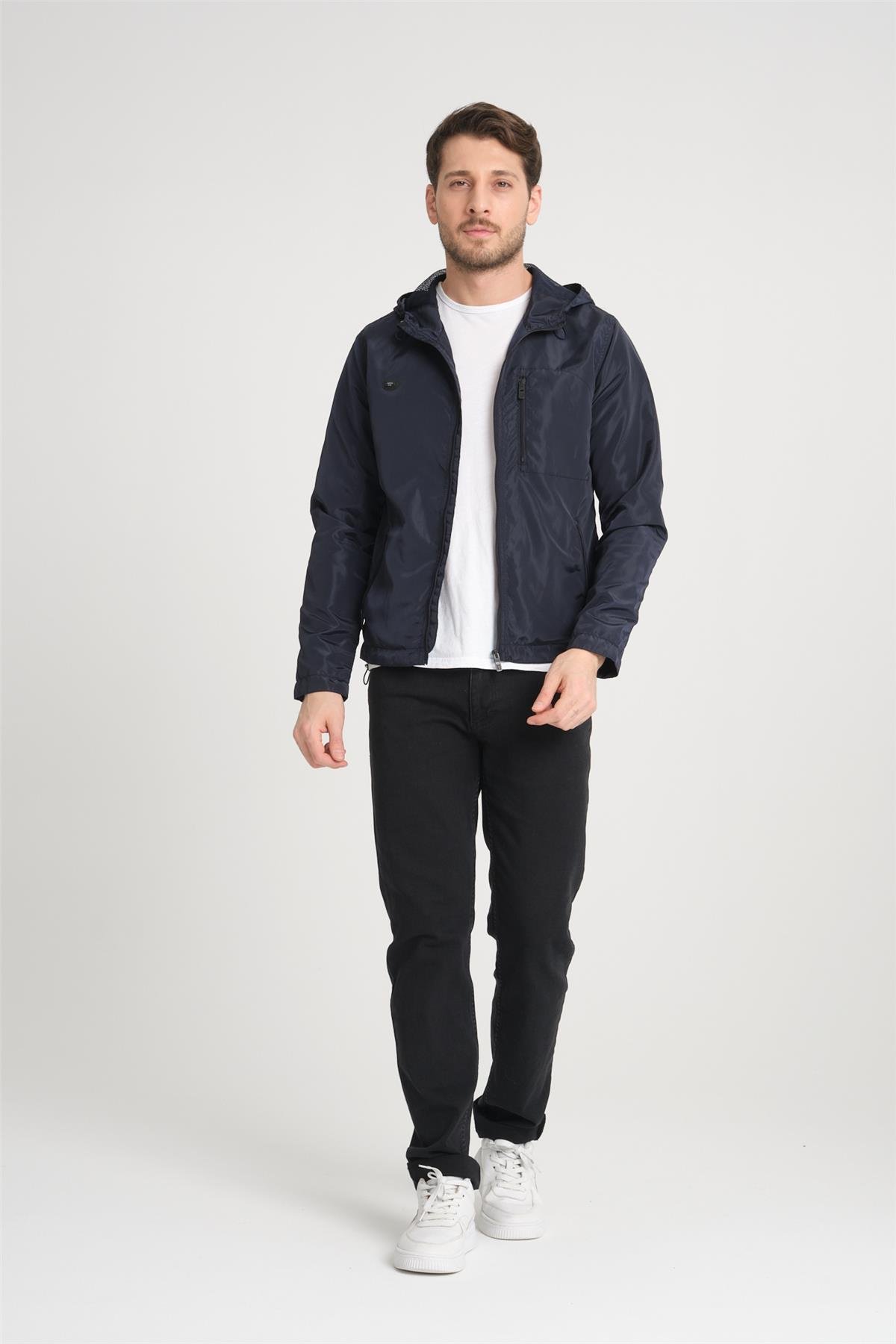 Wholesale Navy Hooded Mesh Lined Zipped Spring Jacket 37061L