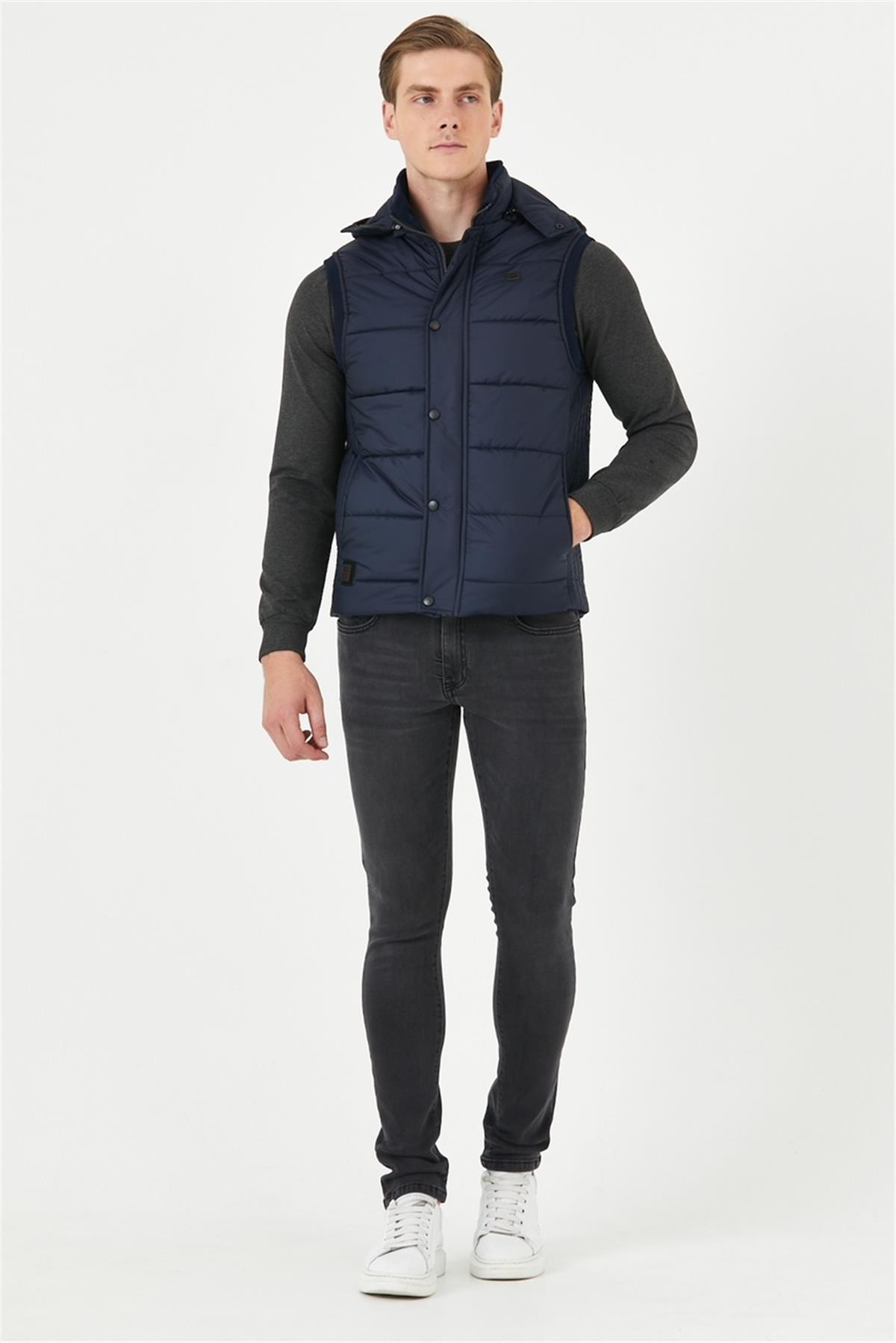 Wholesale Navy Hooded Jersey Lined Puffer Vest 3749L
