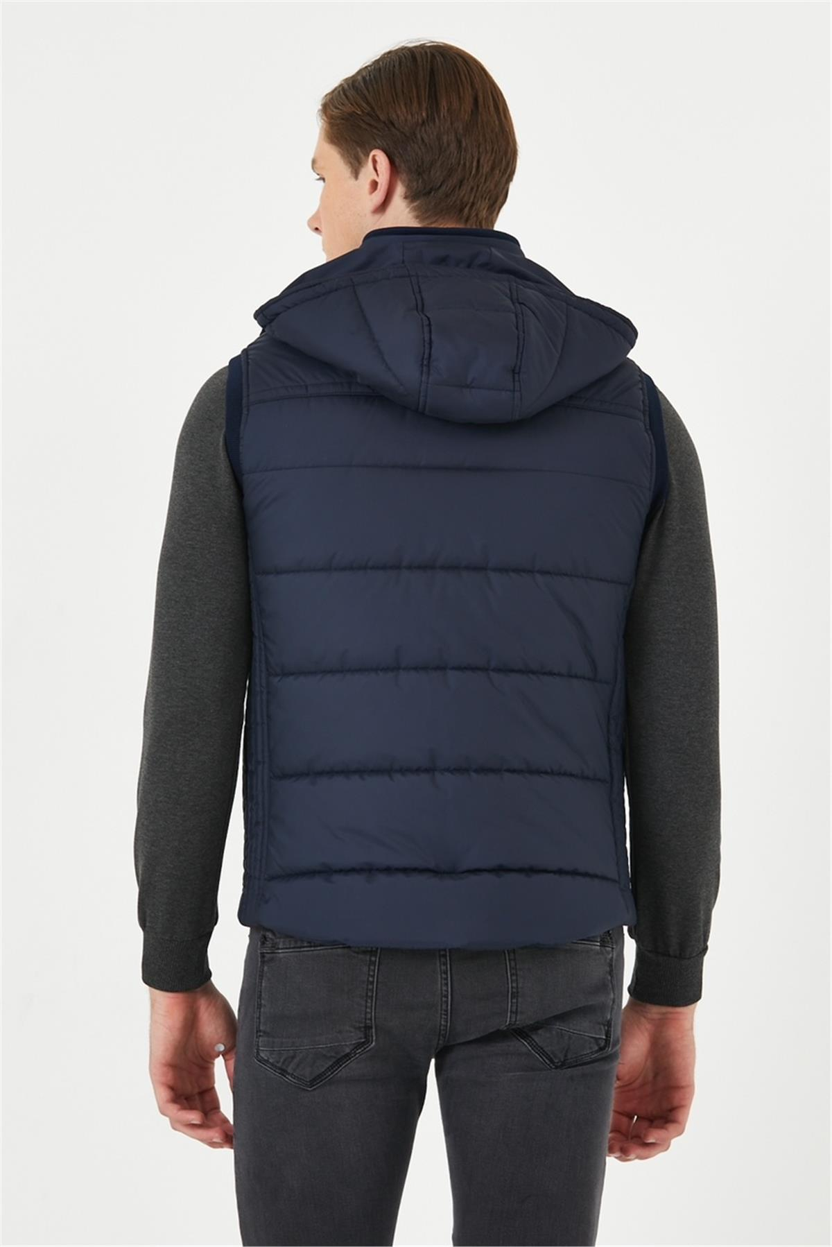 Wholesale Navy Hooded Jersey Lined Puffer Vest 3749L