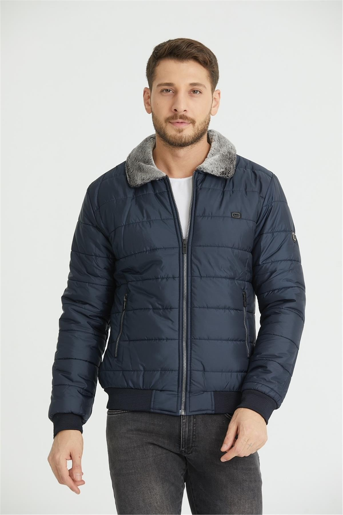 Wholesale Navy Fur Collar Puffer Coat 3037L