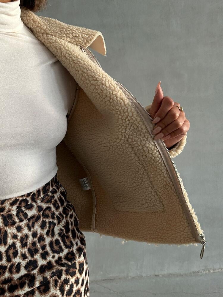 Lamine Deri Fermuarlı Toptan Mont - Açık Taş | TOPSHOW