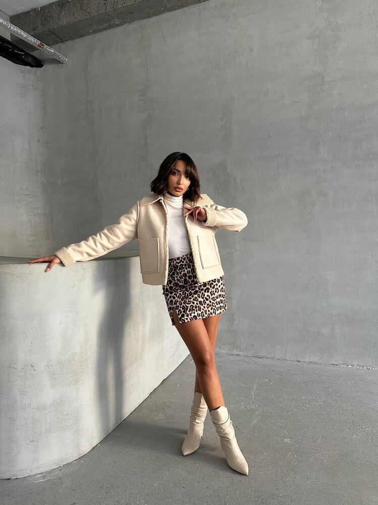 Lamine Deri Fermuarlı Toptan Mont - Açık Taş | TOPSHOW