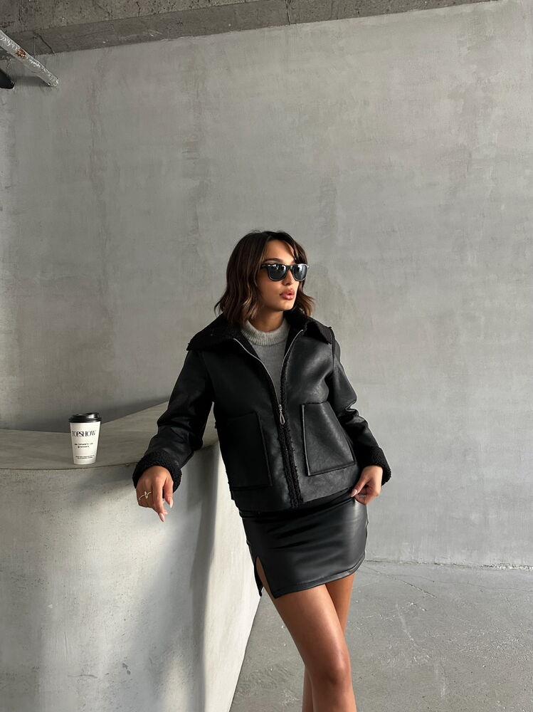 Lamine Deri Fermuarlı Toptan Mont - Siyah | TOPSHOW