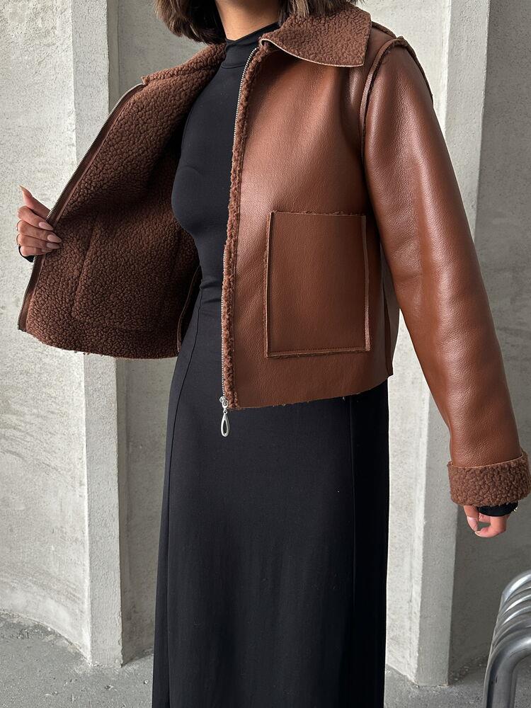 Lamine Deri Fermuarlı Toptan Mont - Taba | TOPSHOW