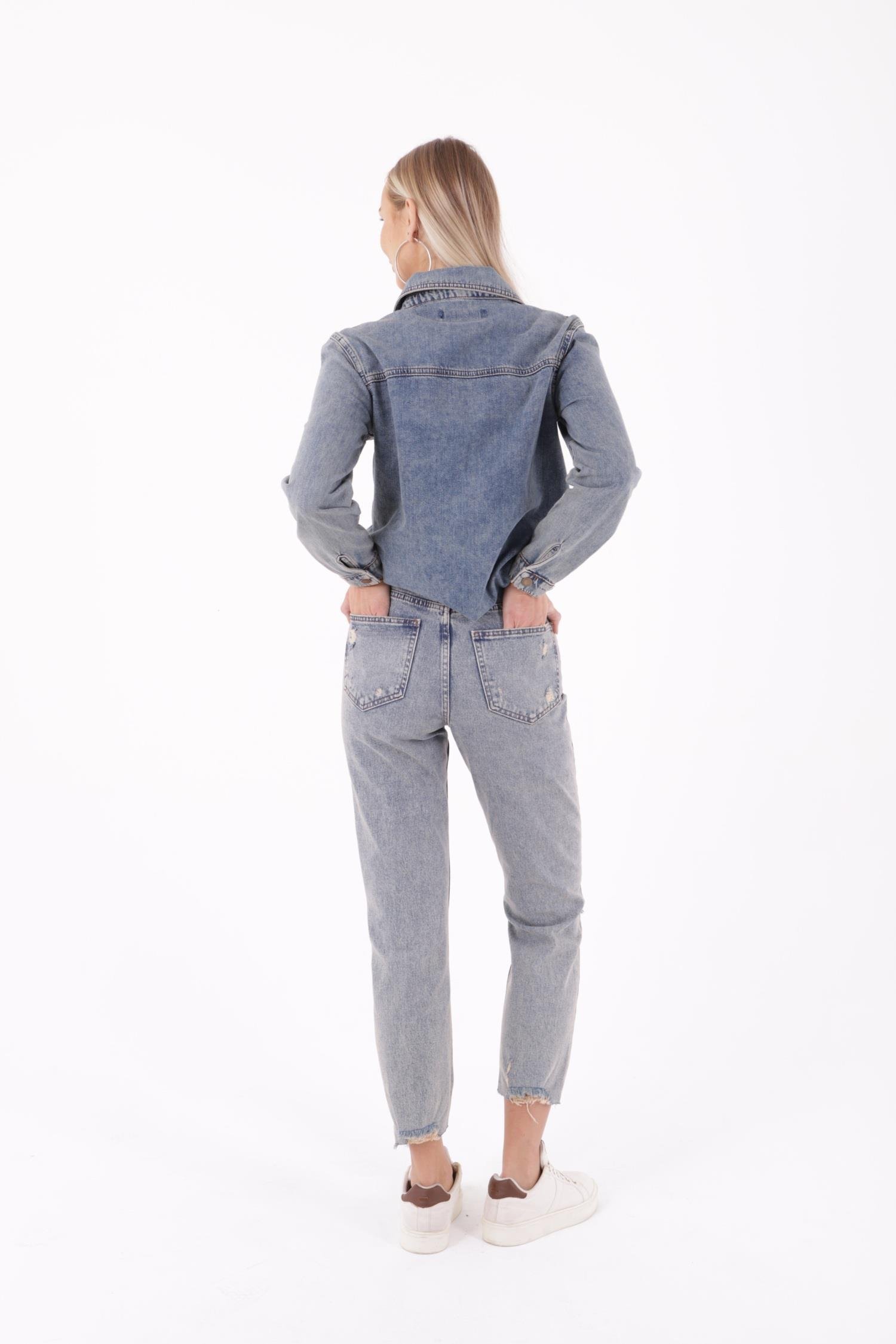 Lazerli Dikişsiz Paça Yüksek Bel Mom Fit Kot Pantolon 1897-02-(26-31) Koyu Tintli Kot
