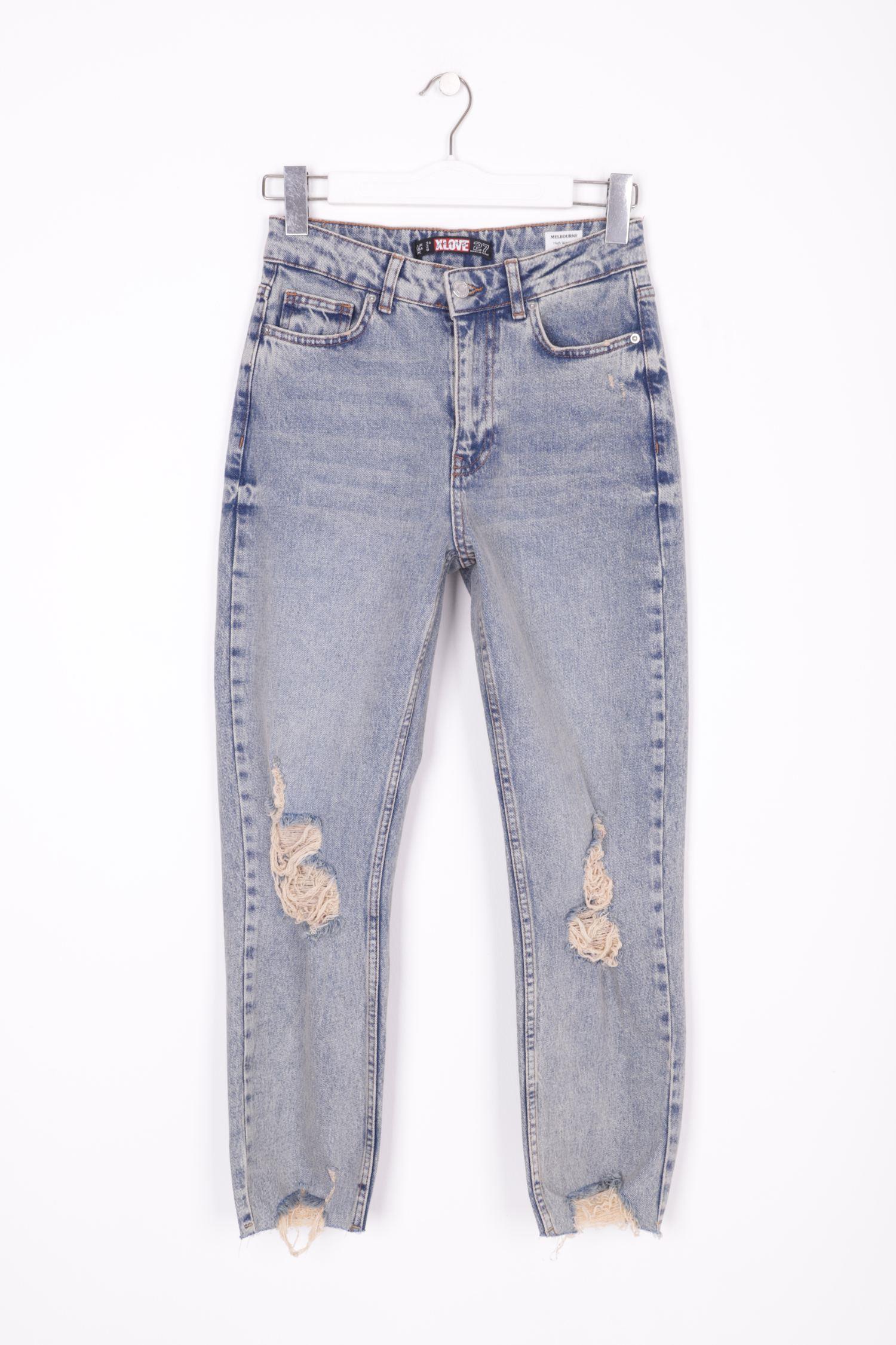 Lazerli Dikişsiz Paça Yüksek Bel Mom Fit Kot Pantolon 1897-02-(26-31) Koyu Tintli Kot