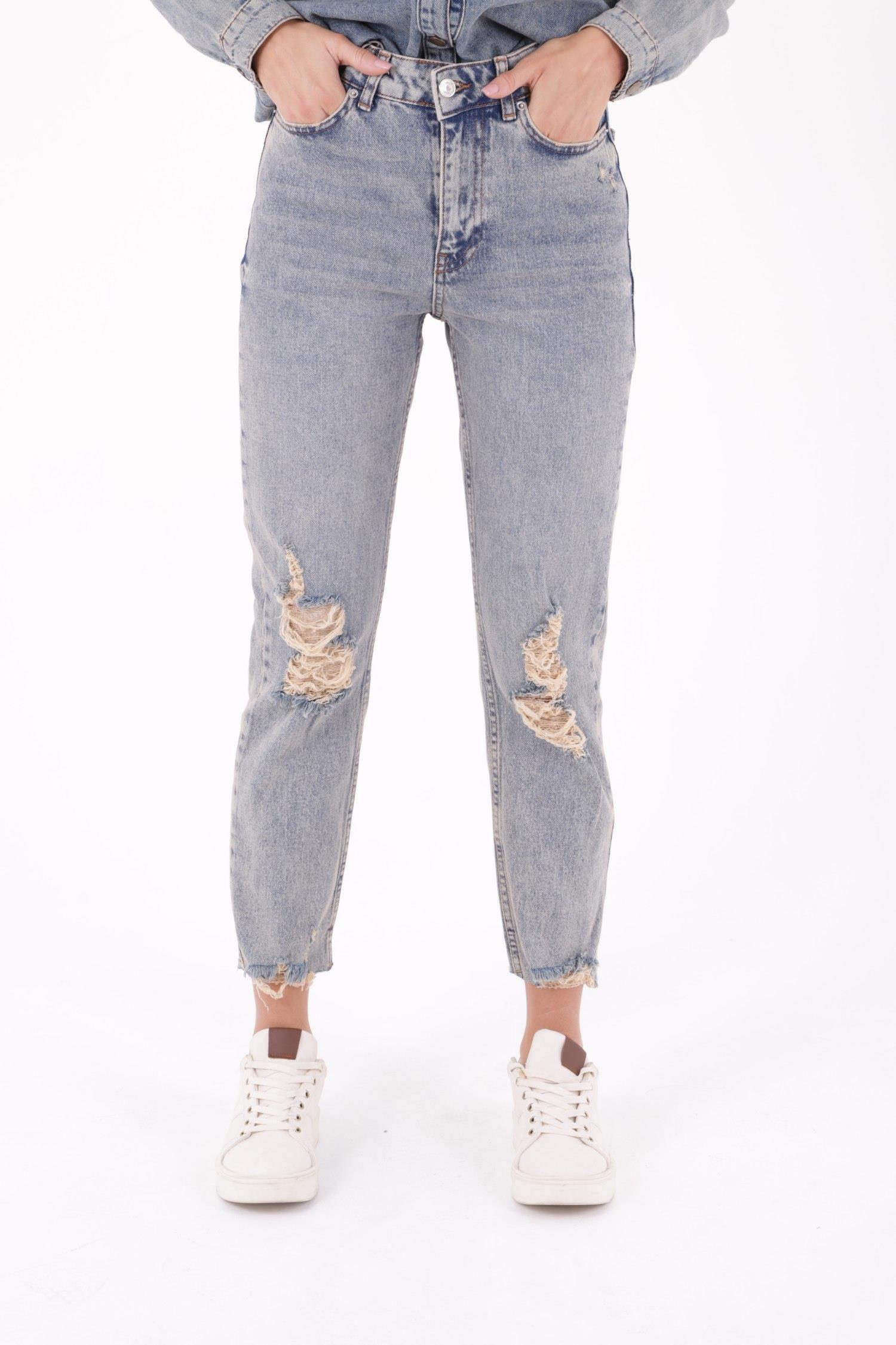 Lazerli Dikişsiz Paça Yüksek Bel Mom Fit Kot Pantolon 1897-02-(26-31) Koyu Tintli Kot