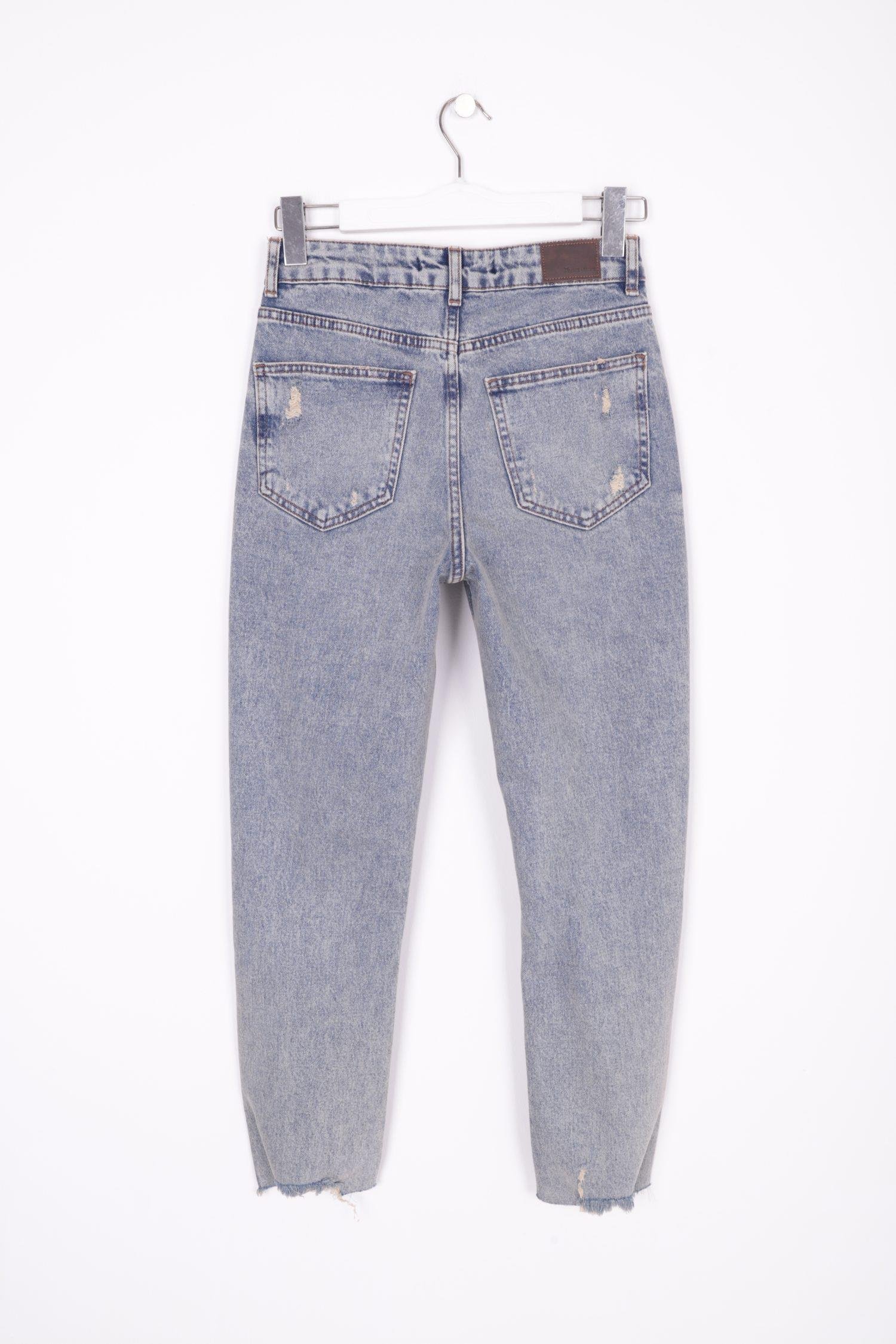 Lazerli Dikişsiz Paça Yüksek Bel Mom Fit Kot Pantolon 1897-02-(26-31) Koyu Tintli Kot