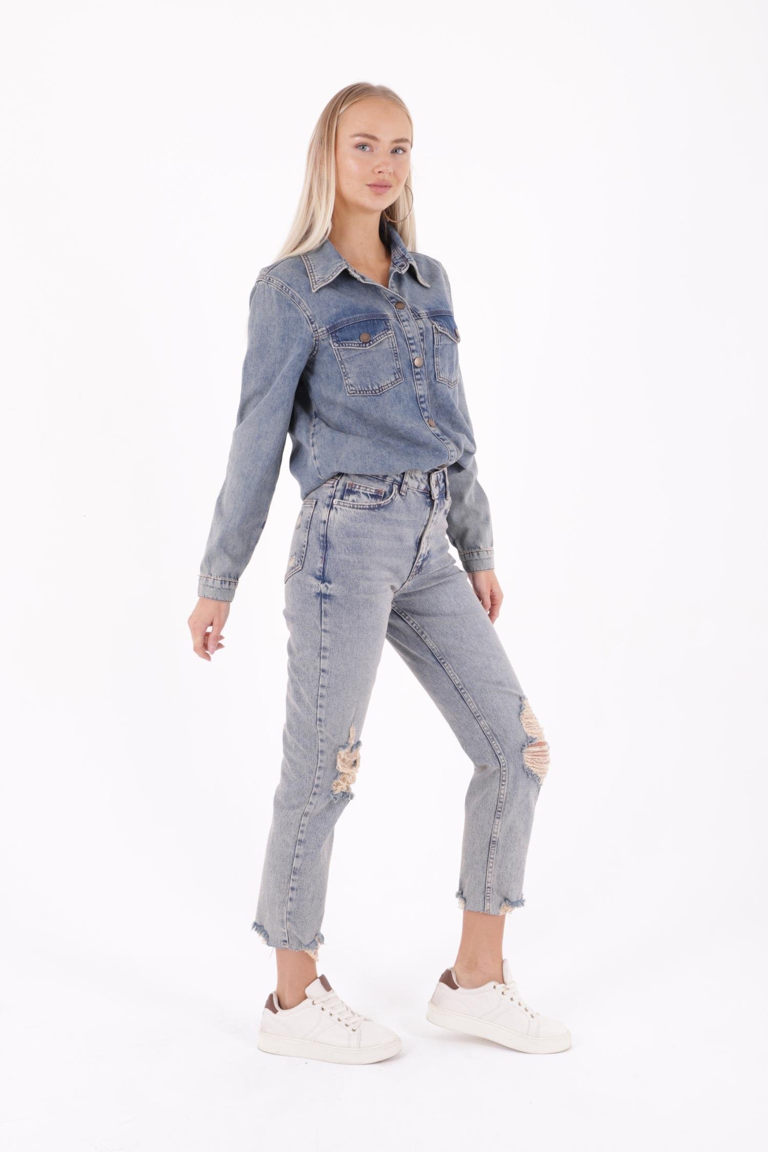 Lazerli Dikişsiz Paça Yüksek Bel Mom Fit Kot Pantolon 1897-02-(26-31) Koyu Tintli Kot