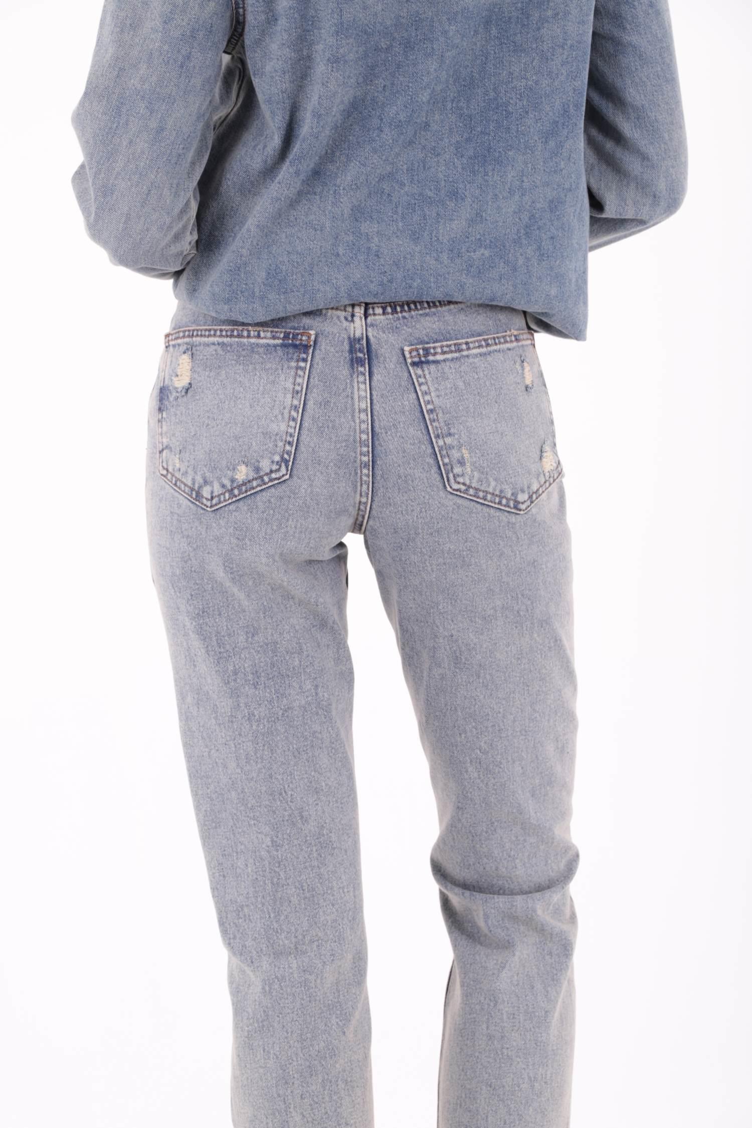 Lazerli Dikişsiz Paça Yüksek Bel Mom Fit Kot Pantolon 1897-02-(26-31) Koyu Tintli Kot