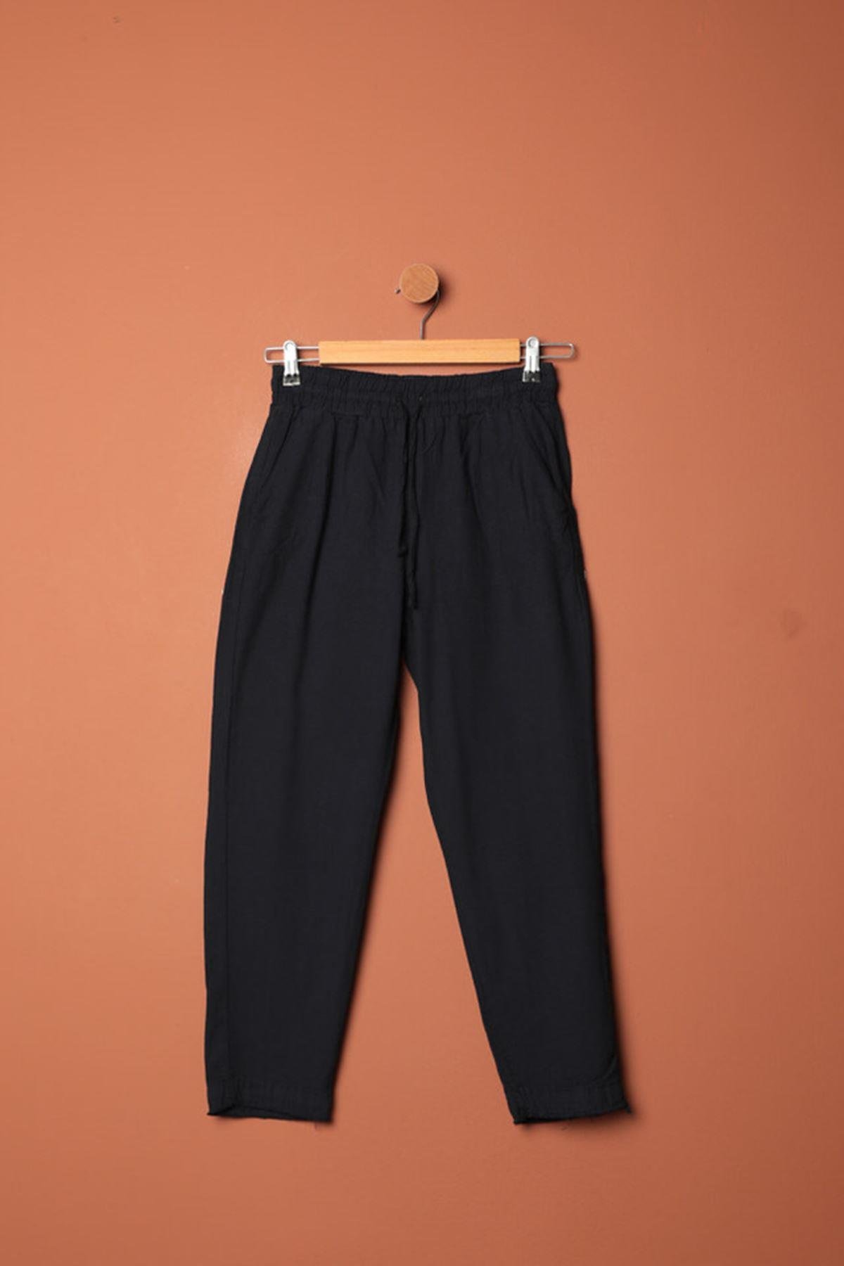 Linen Fabric Women's Trousers-Navy Blue