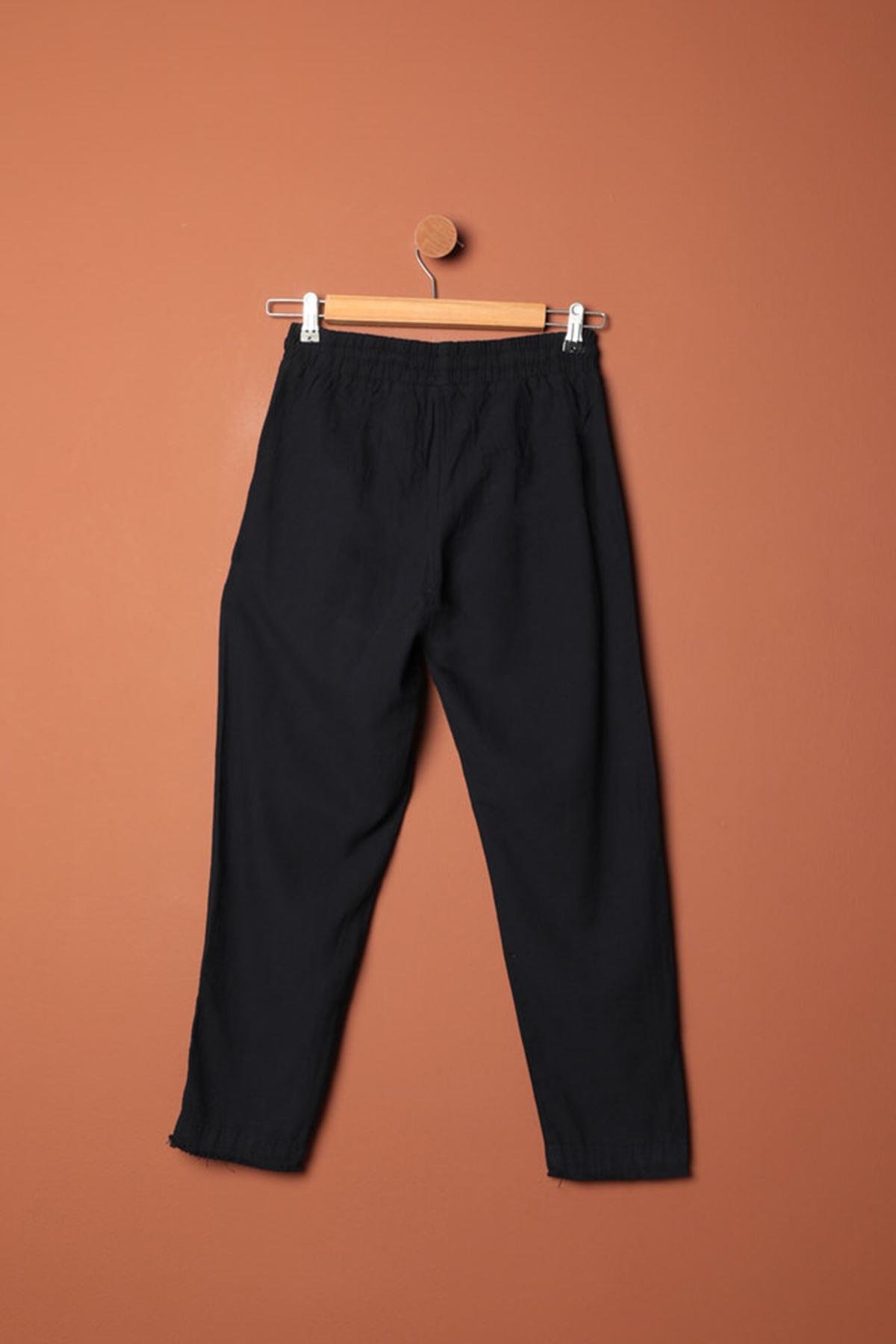 Linen Fabric Women's Trousers-Navy Blue