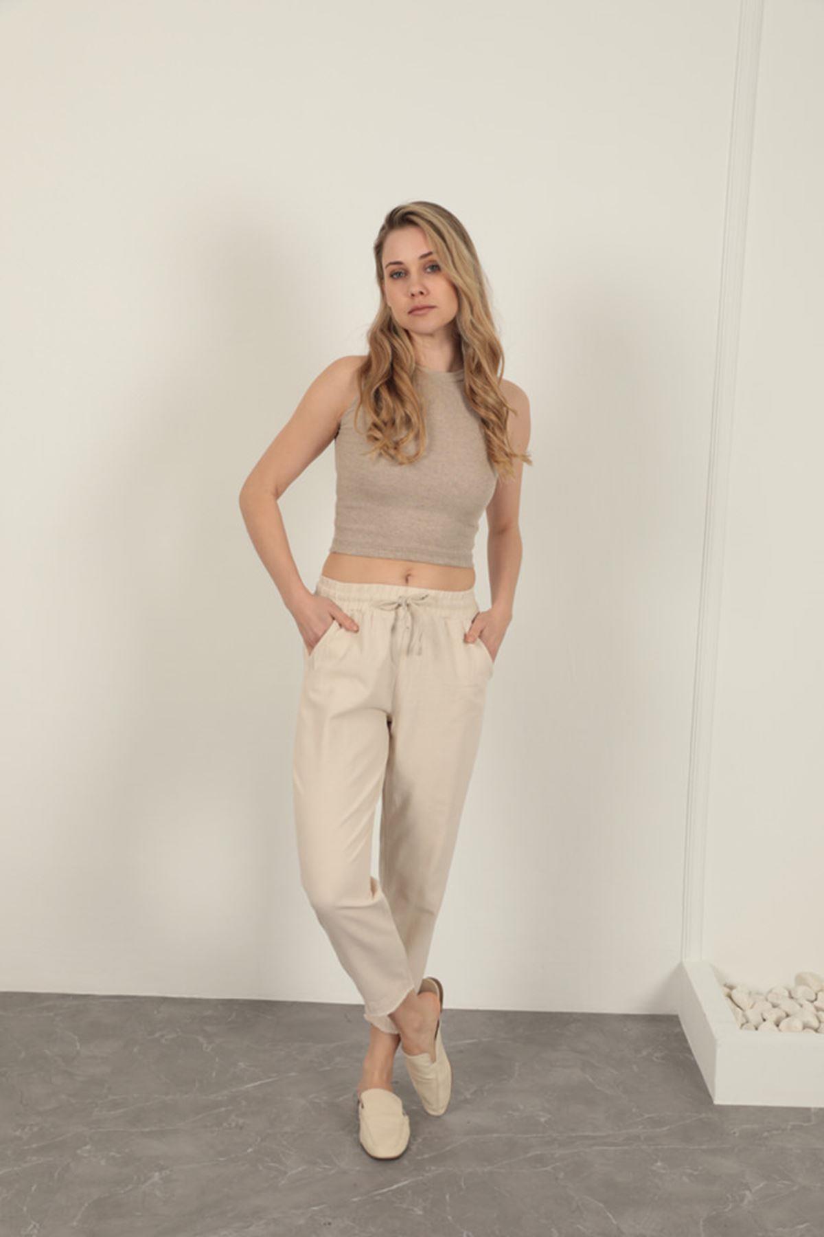 Linen Fabric Women's Trousers-Stone