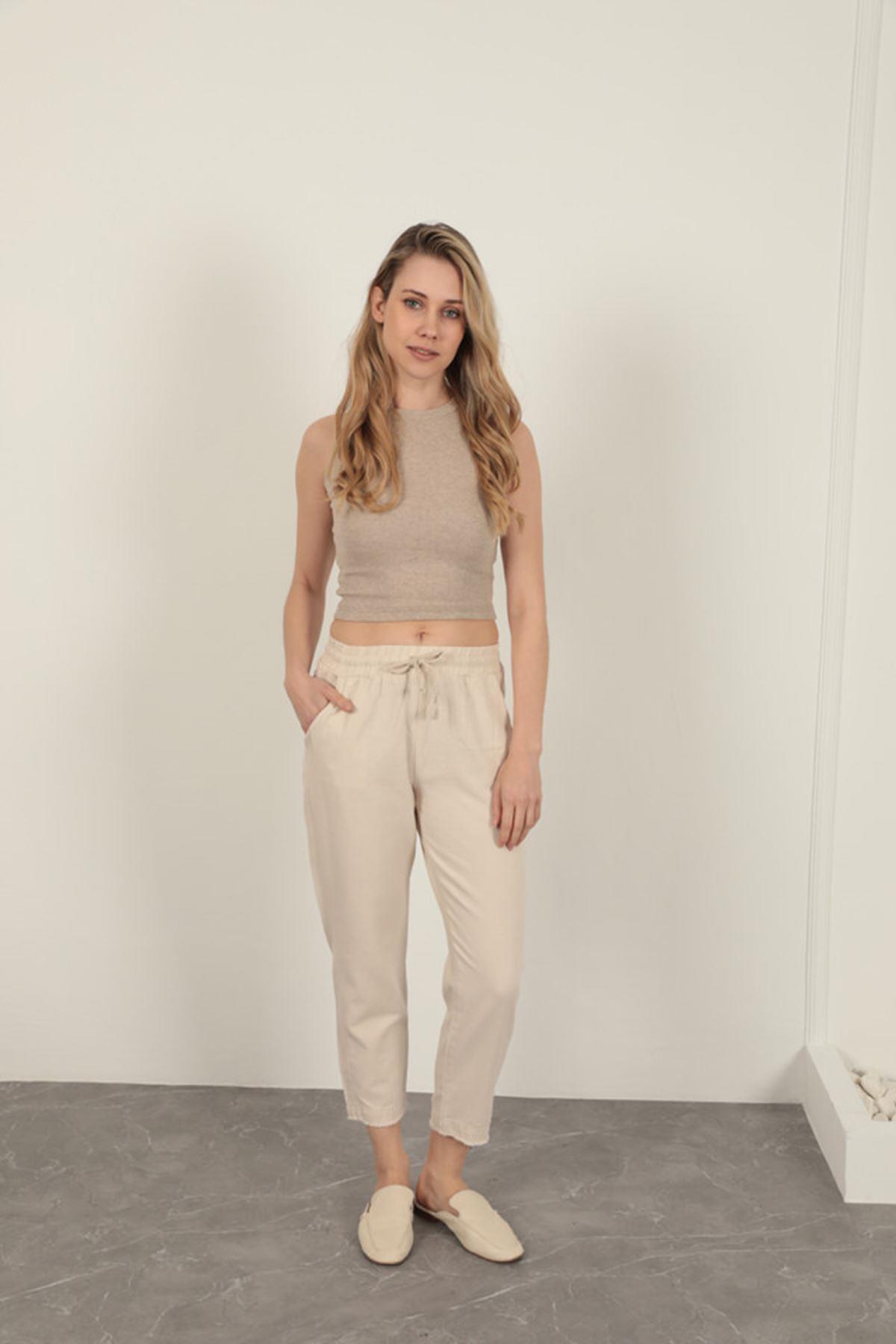 Linen Fabric Women's Trousers-Stone