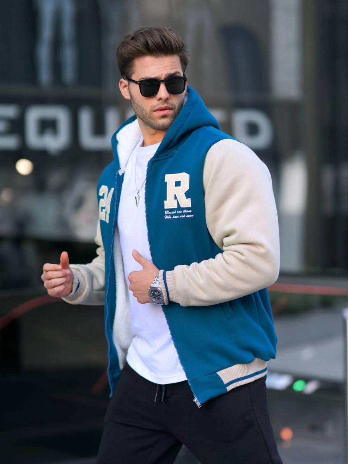 Men hooded bomber jacket wholesale Azure Blue color 678076