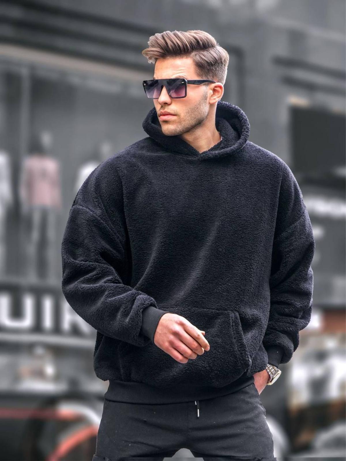 Men plush hoodie wholesale Black color 678188