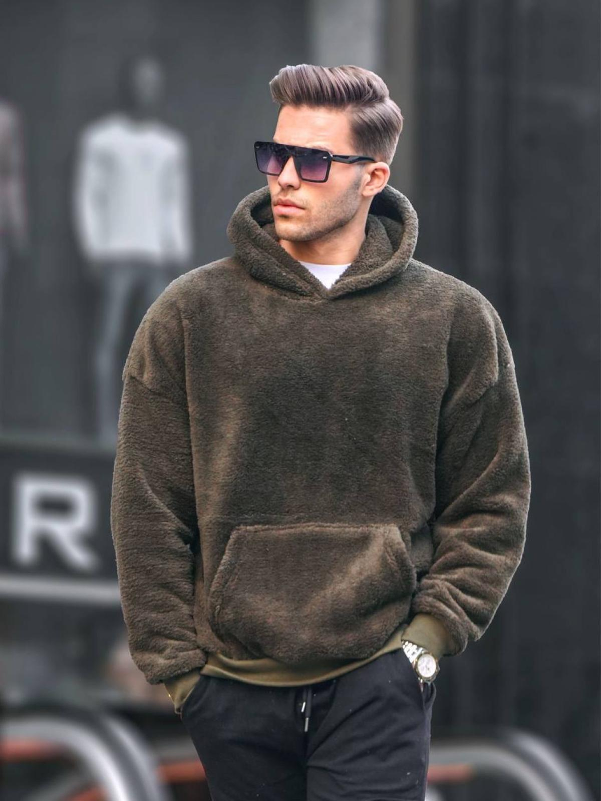 Men plush hoodie wholesale Khaki color 678190