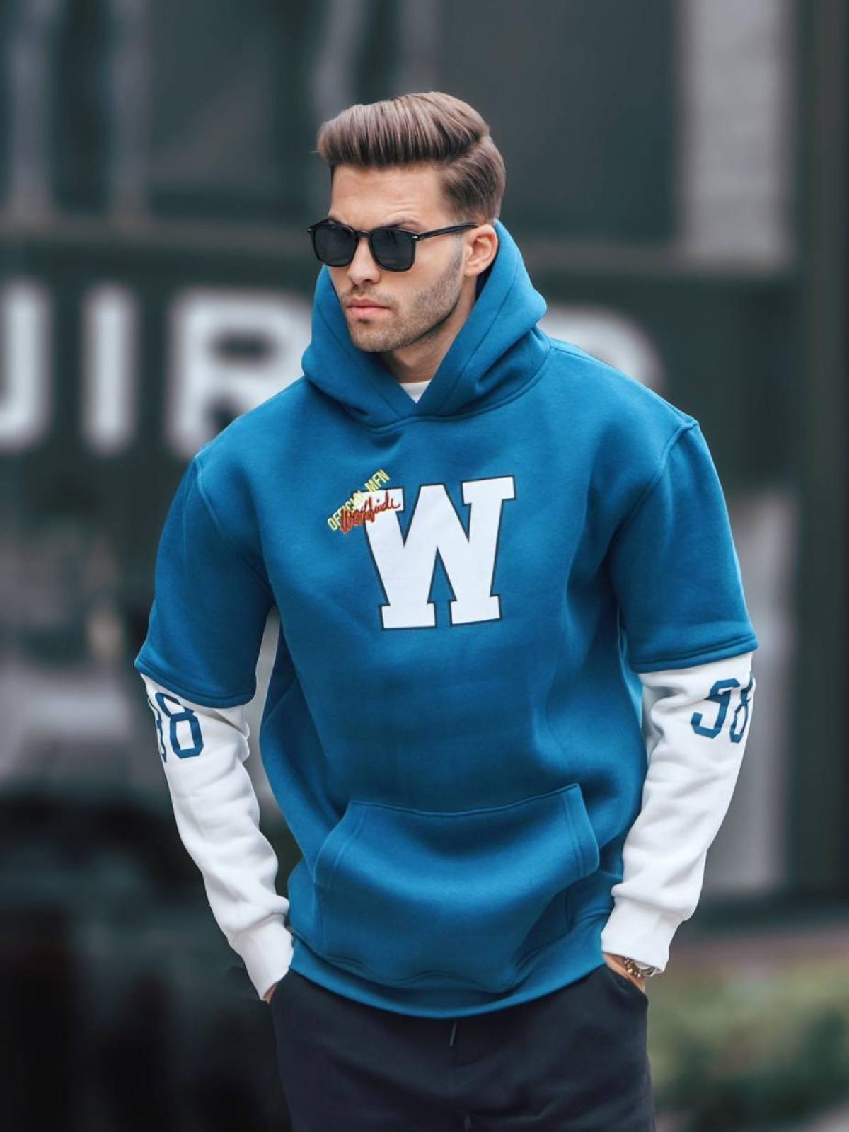 Men printed hoodie wholesale Azure Blue color 678081