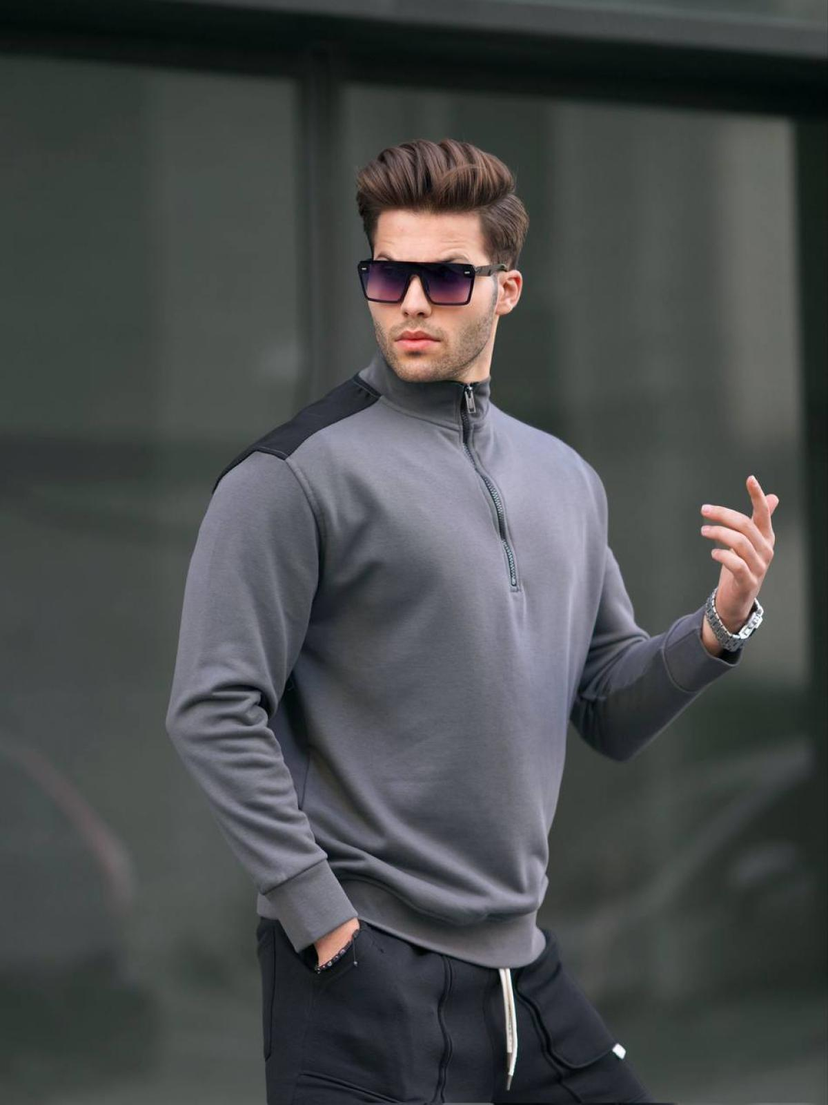 Men zip-neck sweatshirt wholesale Smoke Gray color 678048