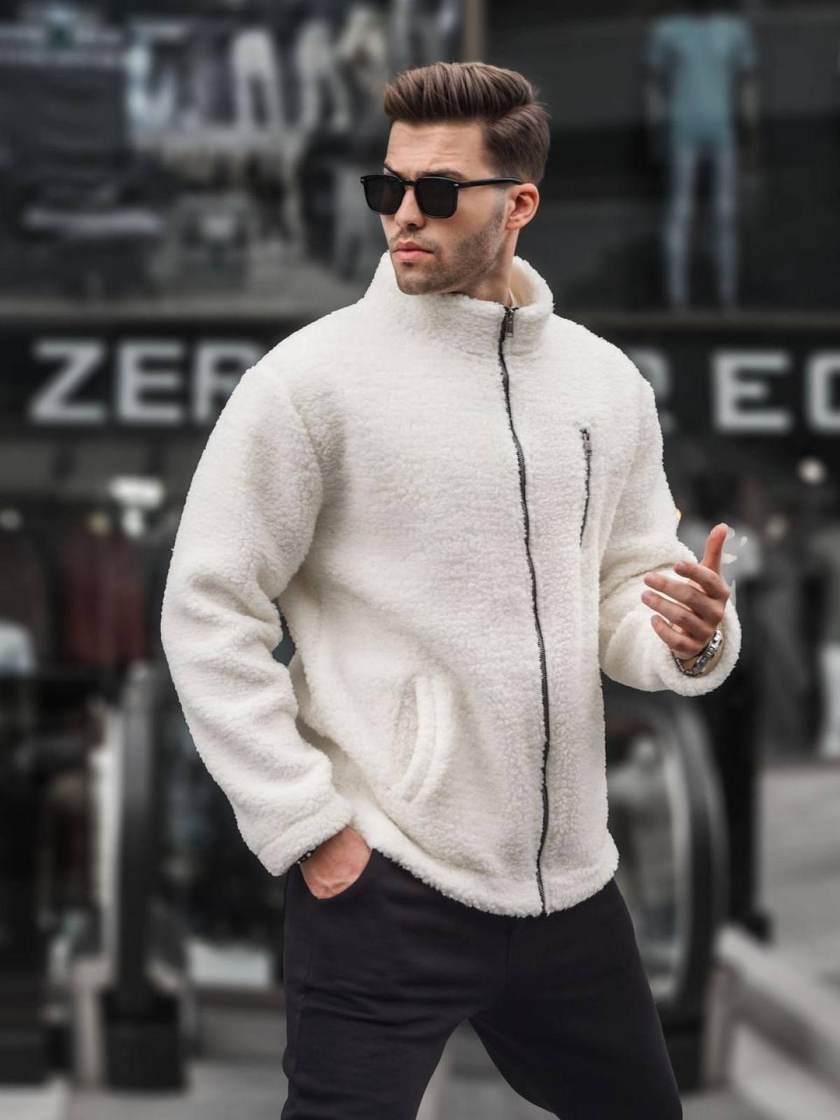 Men zip-up plush sweatshirt wholesale Cream color 678071