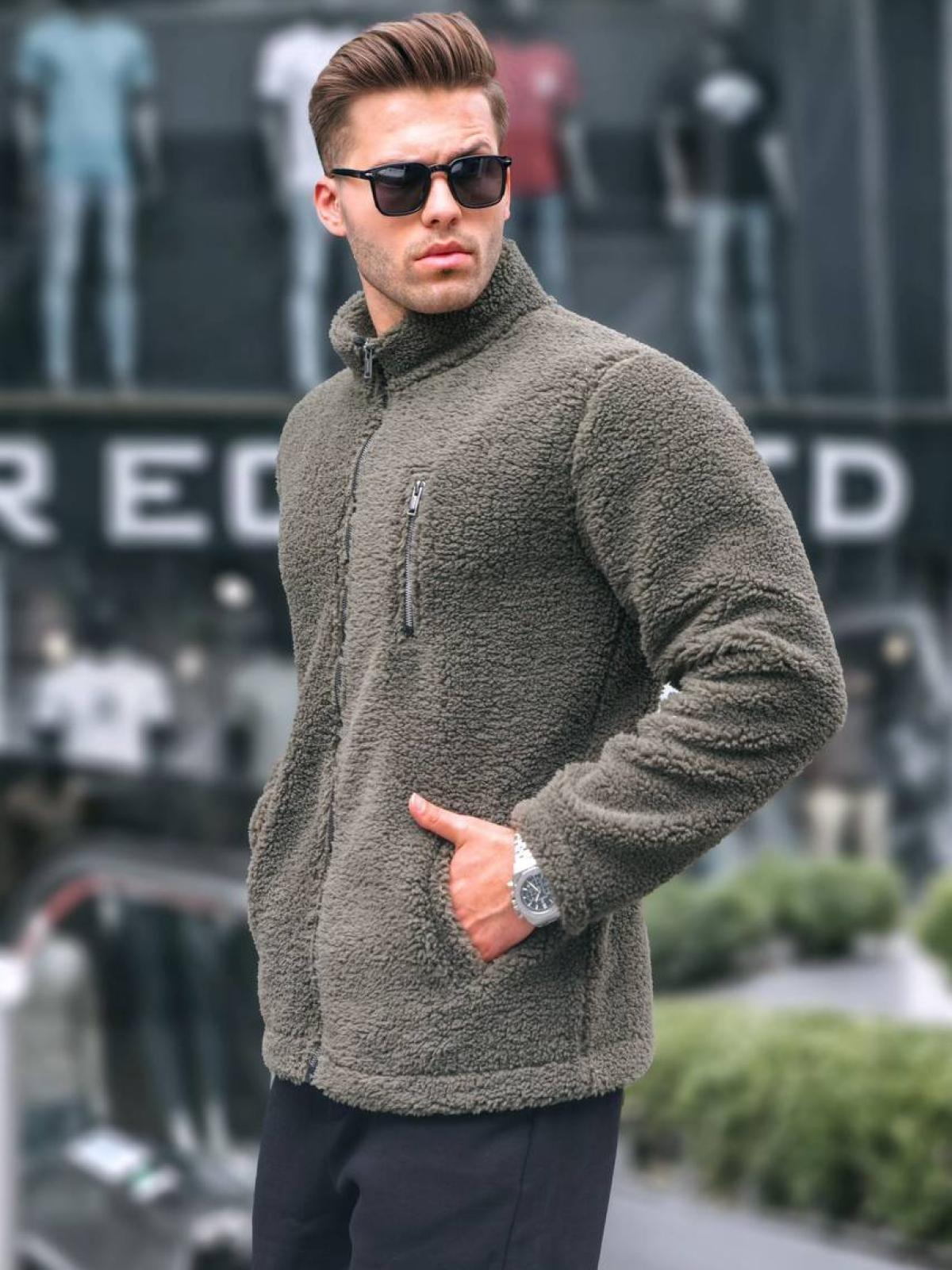 Men zip-up plush sweatshirt wholesale Khaki color 678069