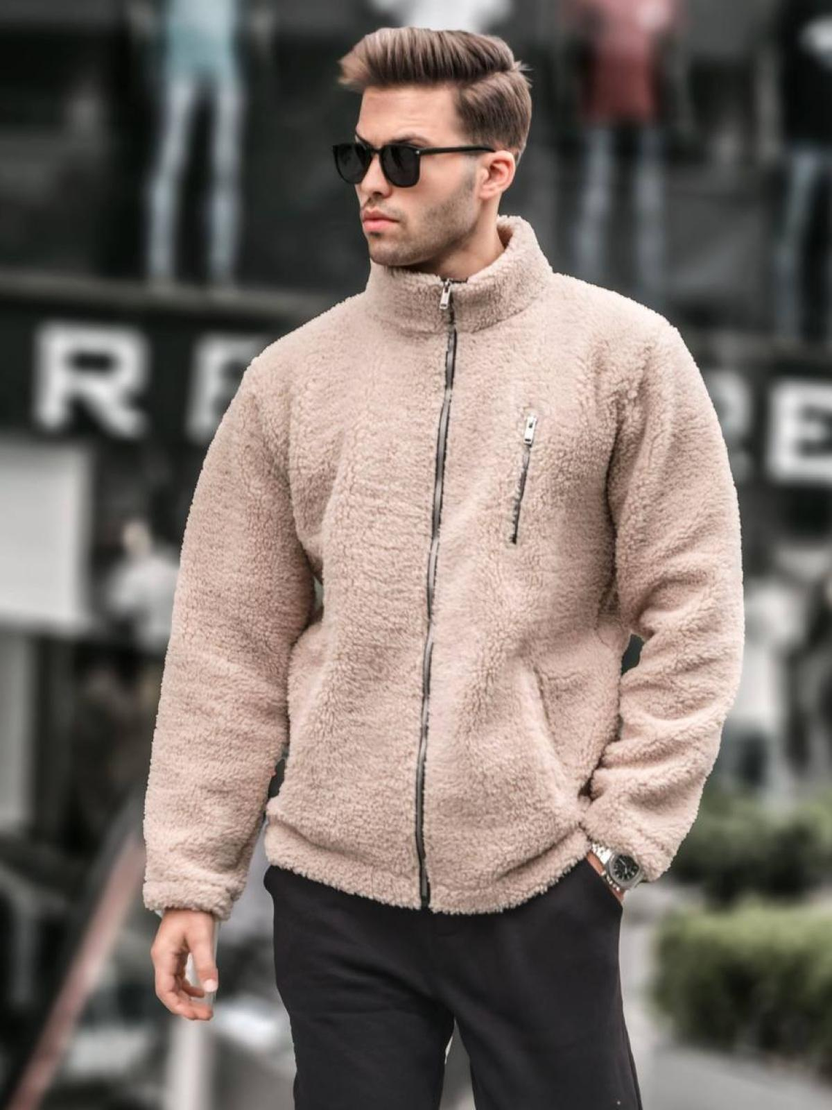 Men zip-up plush sweatshirt wholesale Beige color 678070