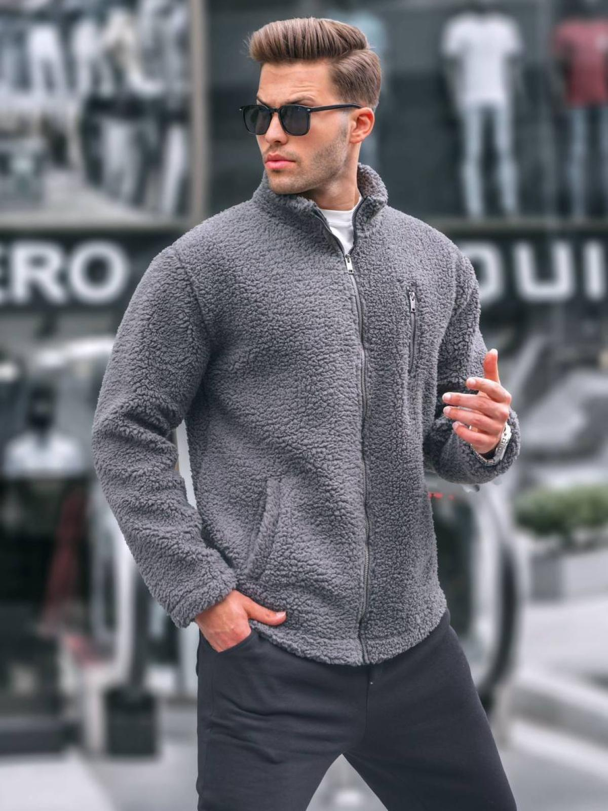 Men zip-up plush sweatshirt wholesale Smoke Gray color 678073