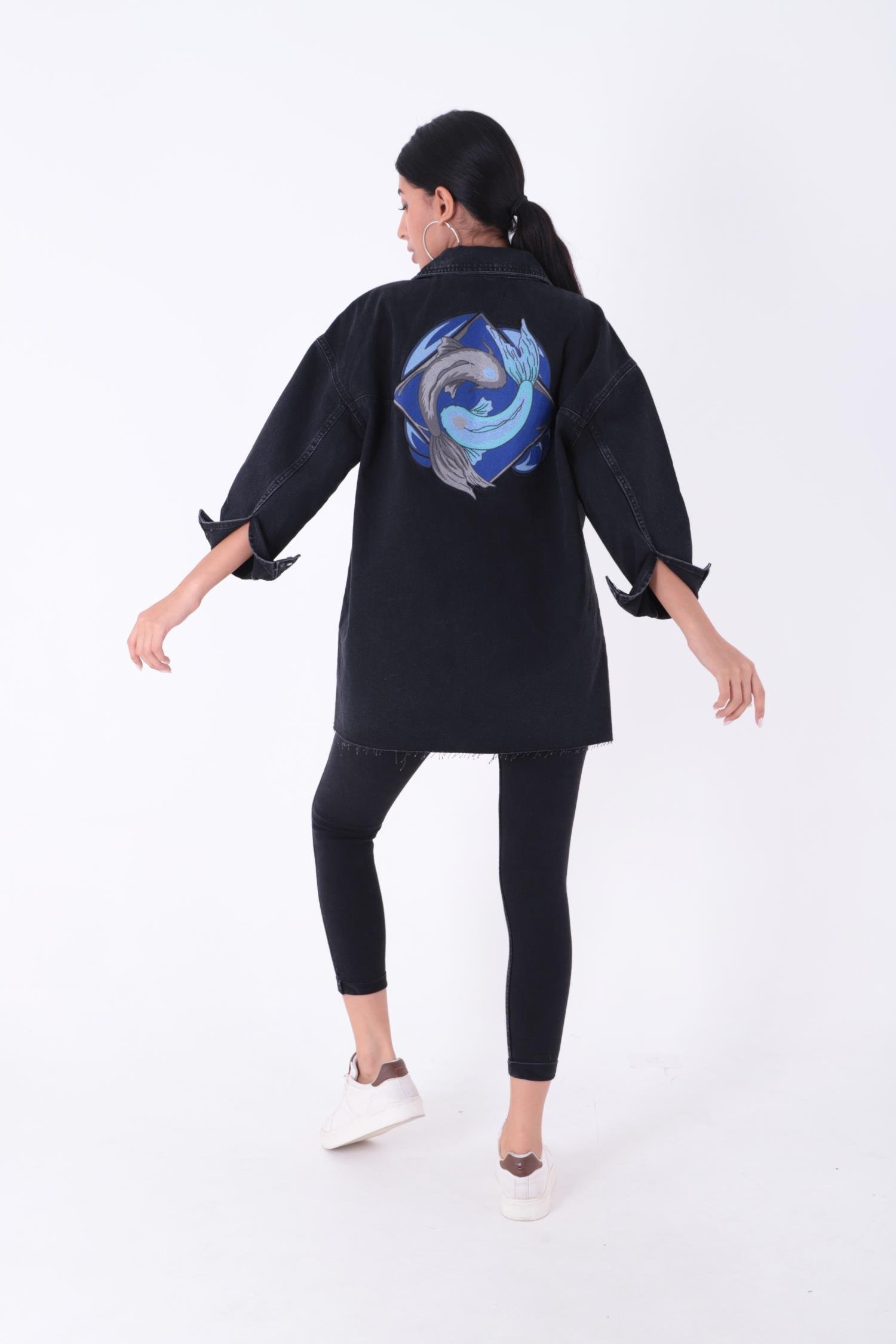 Nakışlı Kot Ceket 6025-17-(S-XL) Slaplı Lacivert