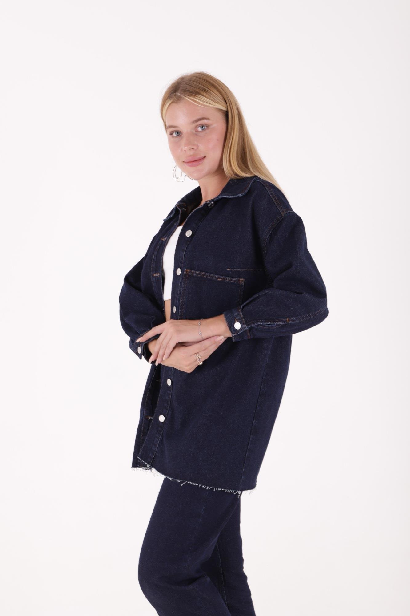 Nakışlı Kot Ceket 6025-17-(S-XL) Slaplı Lacivert