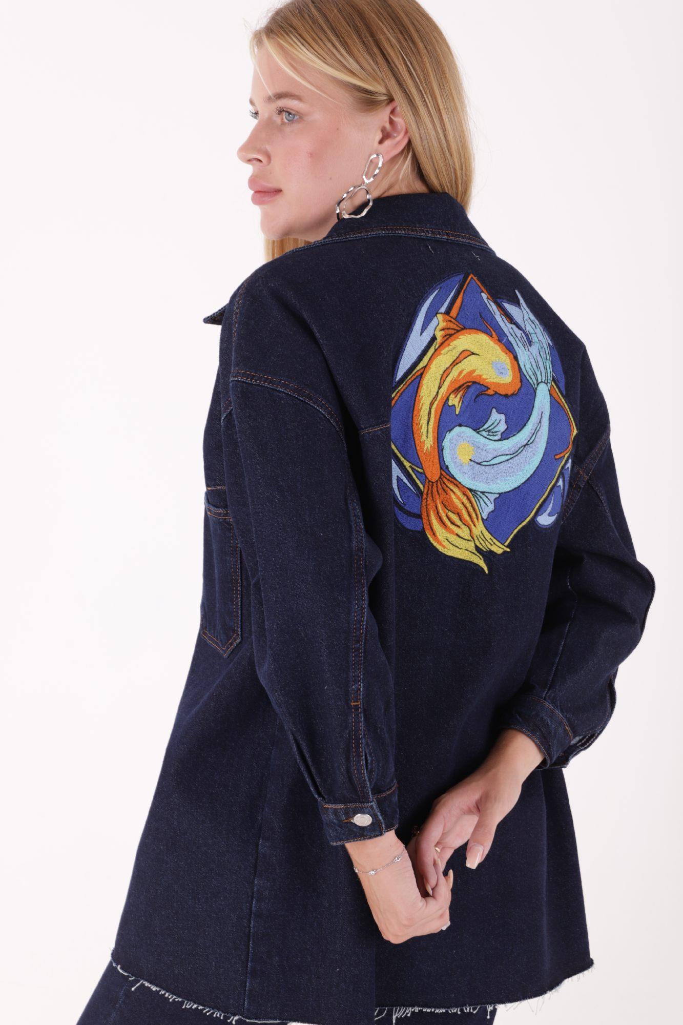 Nakışlı Kot Ceket 6025-17-(S-XL) Slaplı Lacivert