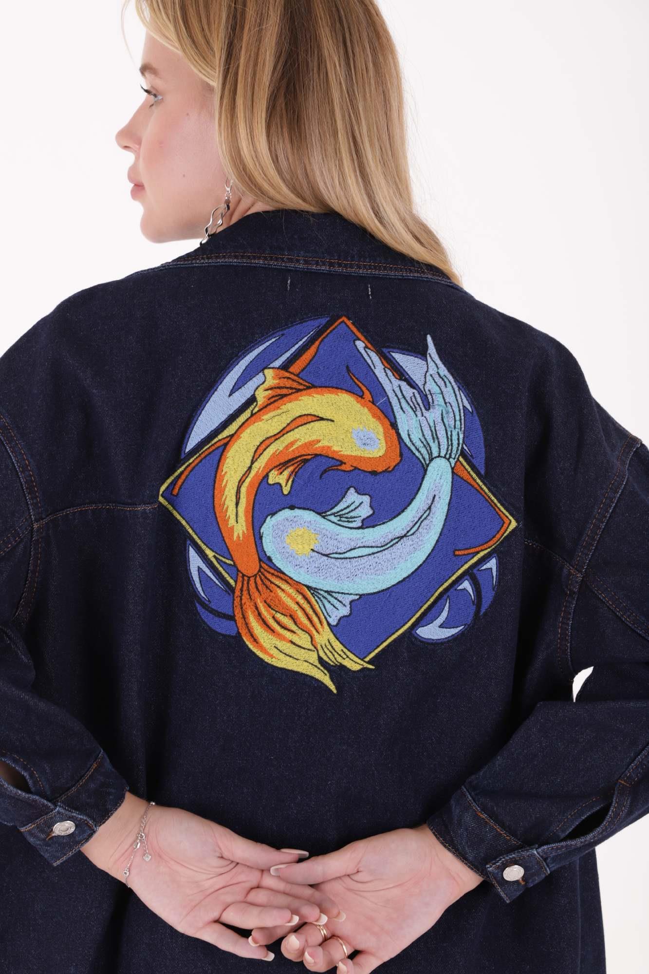 Nakışlı Kot Ceket 6025-17-(S-XL) Slaplı Lacivert