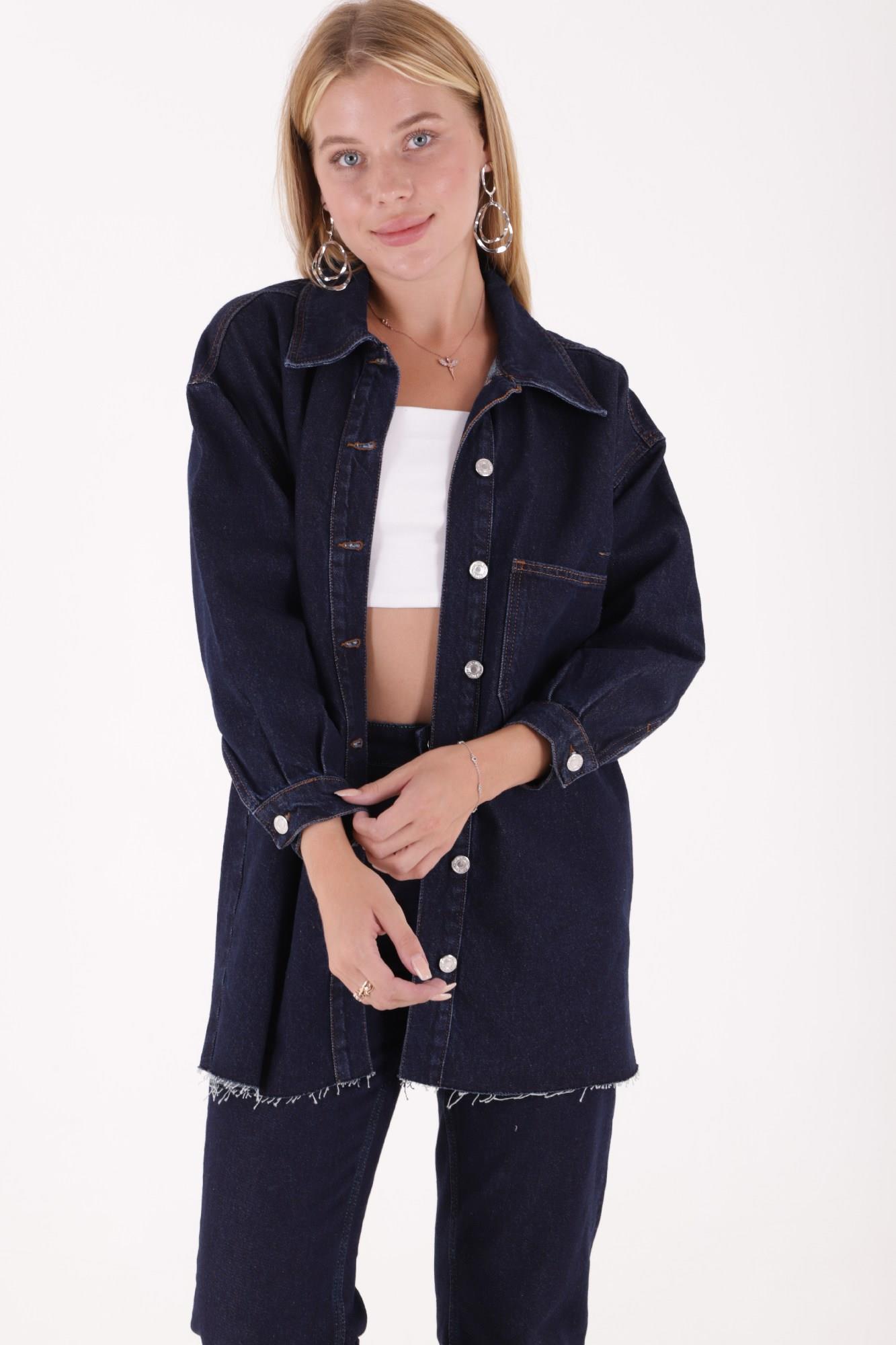 Nakışlı Kot Ceket 6025-17-(S-XL) Slaplı Lacivert