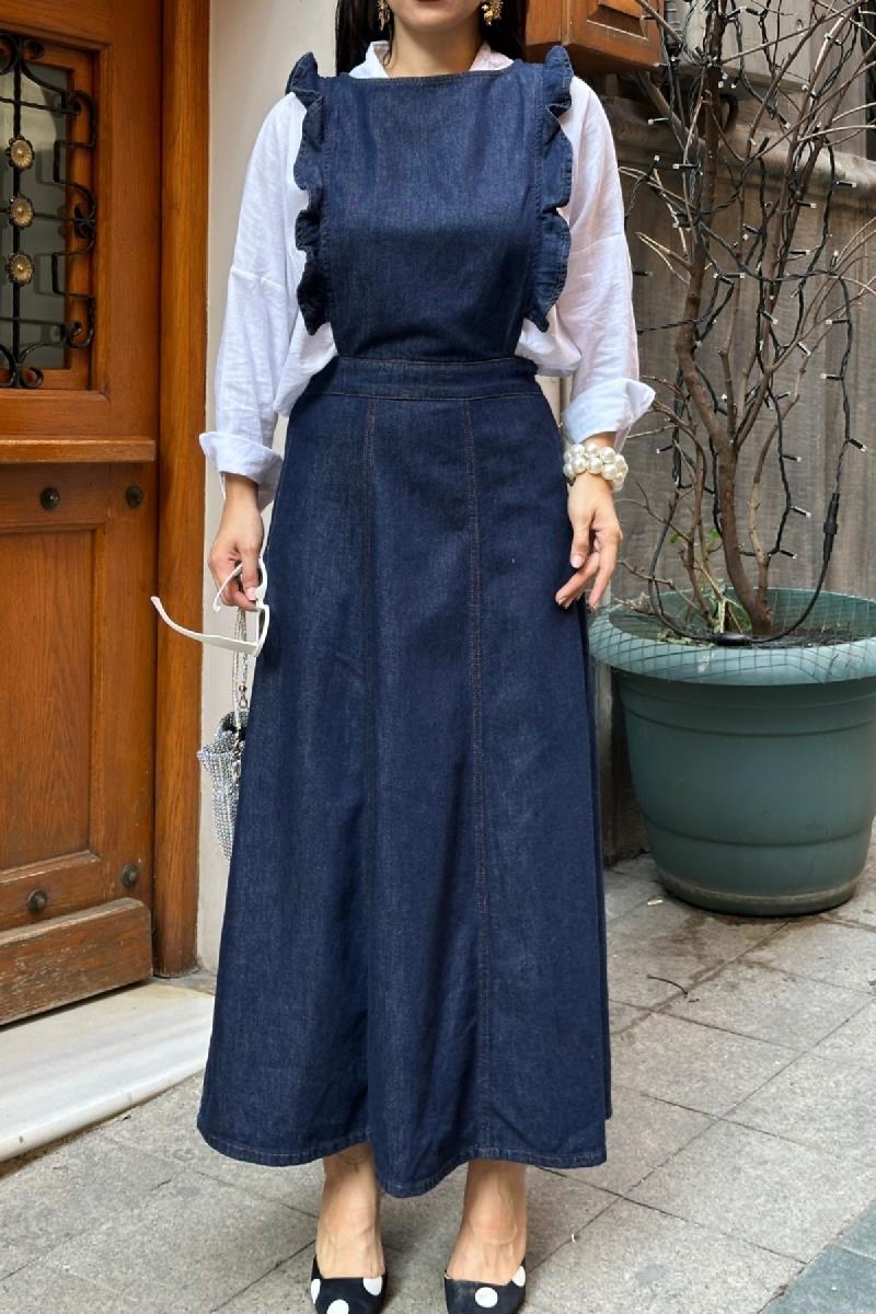 Omuzu Volanlı Fermuarlı Kot Elbise 3036-17-(S-XL)