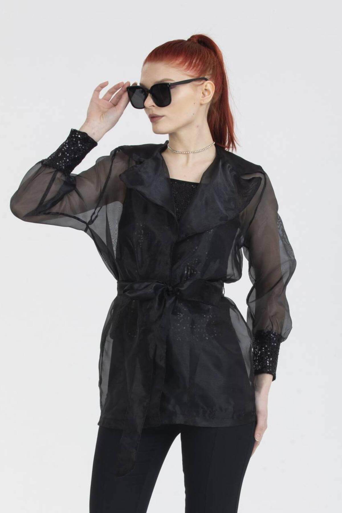 Women mesh jacket with sequin cuffs wholesale Black color 691406