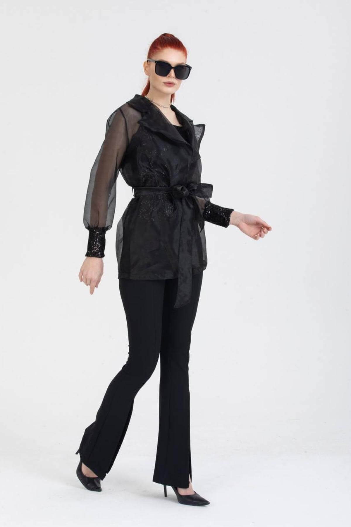 Women mesh jacket with sequin cuffs wholesale Black color 691406