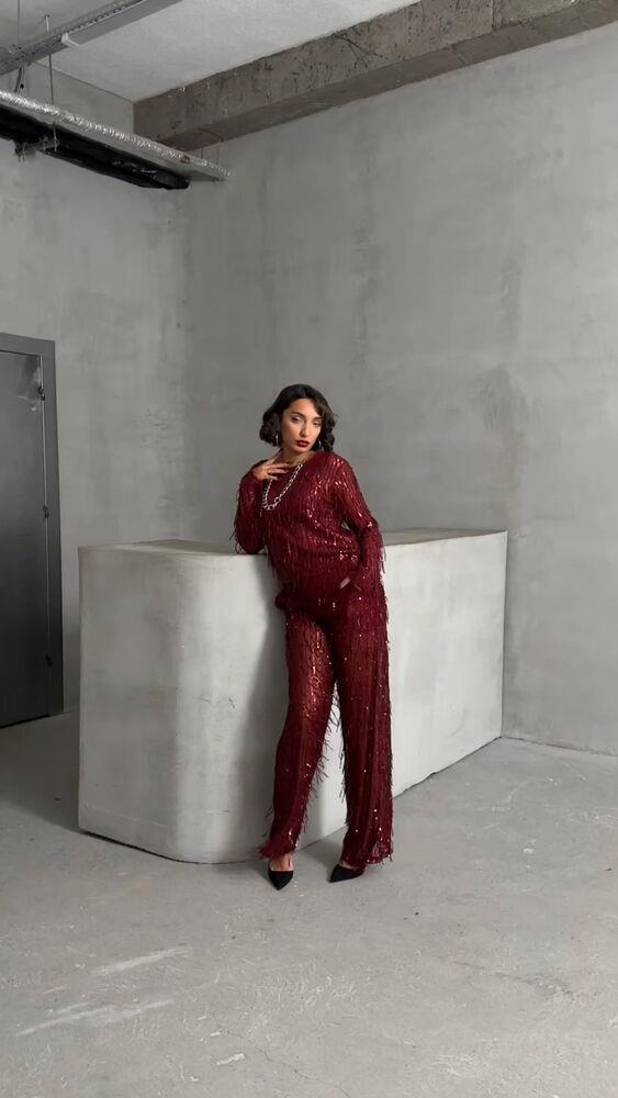 Pullu Tül Toptan Abiye Pantolon - Bordo | TOPSHOW