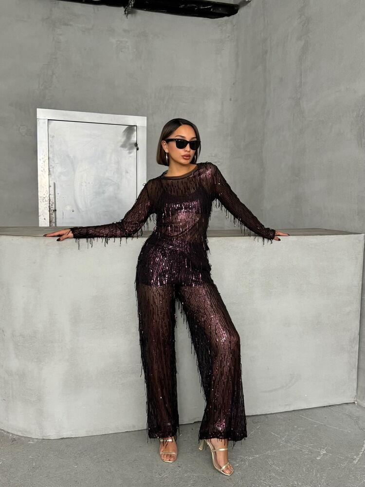 Pullu Tül Toptan Pantolon - Siyah Bordo | TOPSHOW