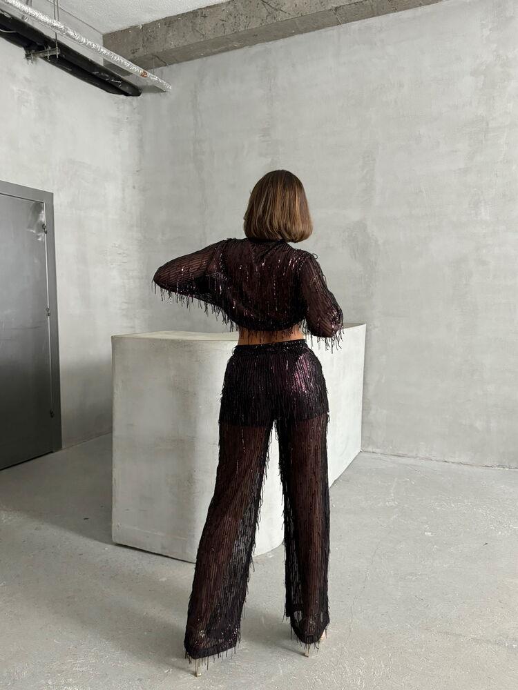 Pullu Tül Toptan Pantolon - Siyah Bordo | TOPSHOW