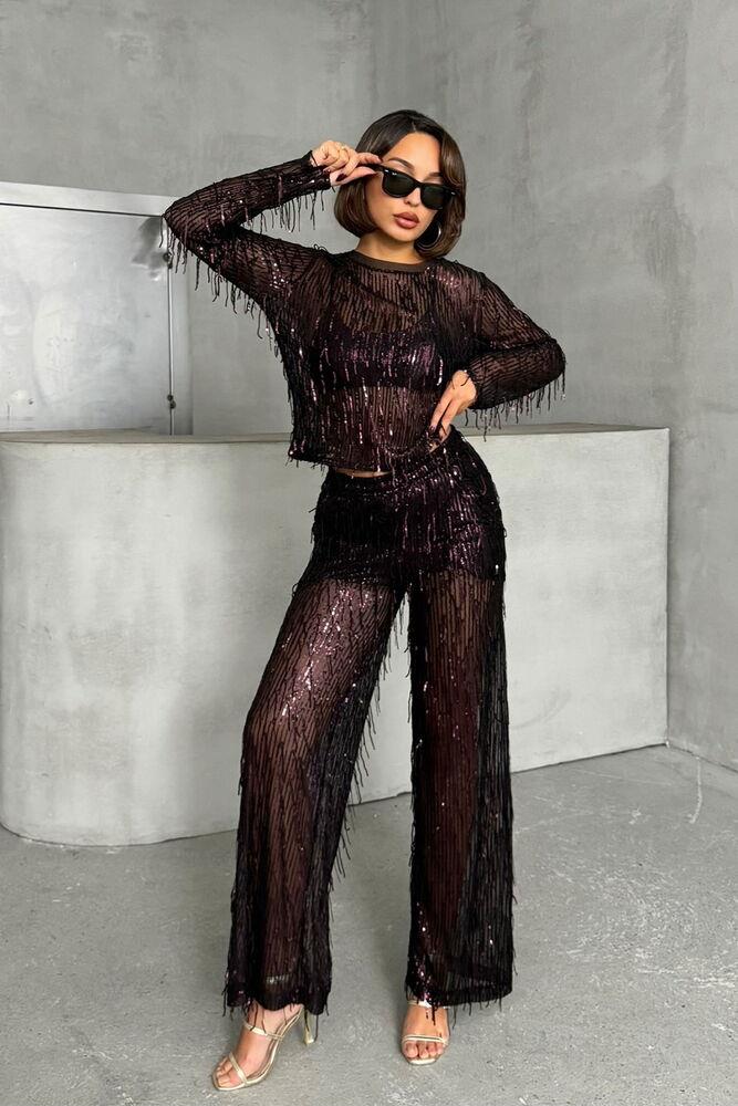 Pullu Tül Toptan Pantolon - Siyah Bordo | TOPSHOW