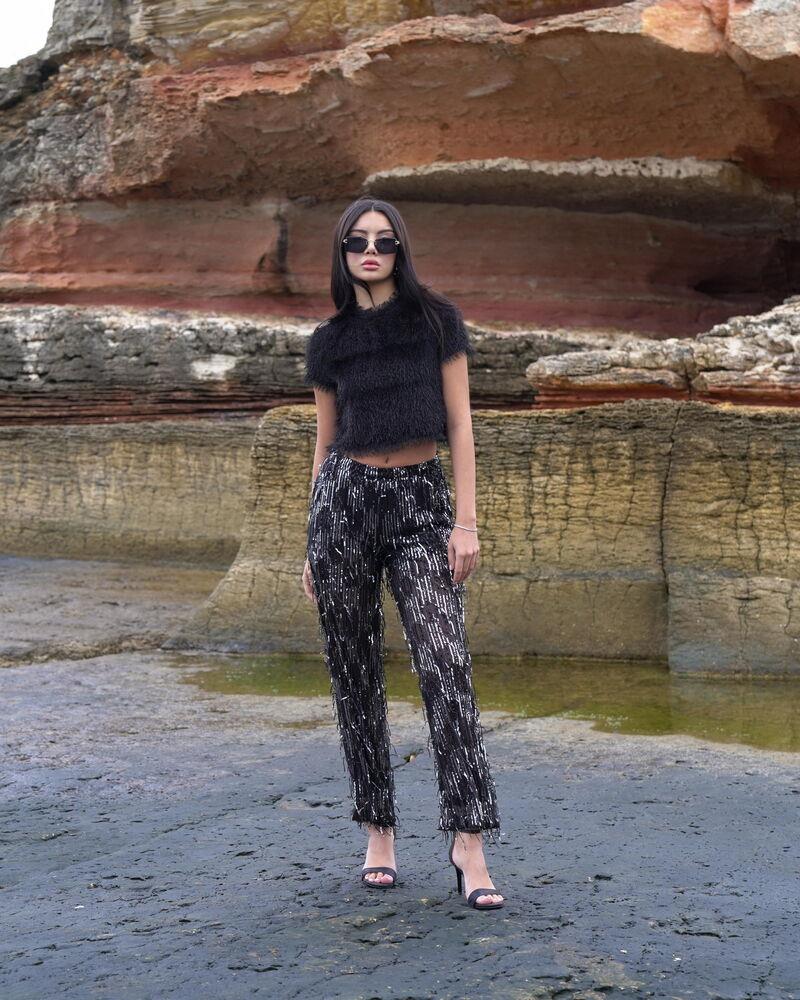 Pullu Tül Toptan Pantolon - Siyah Gümüş | TOPSHOW