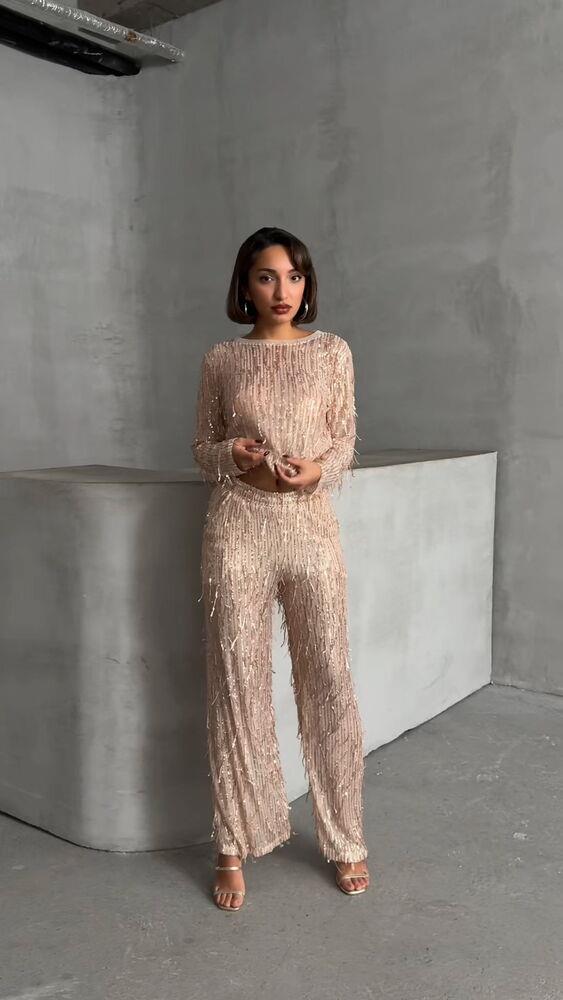 Pullu Tül Toptan Pantolon - Taş Gold | TOPSHOW