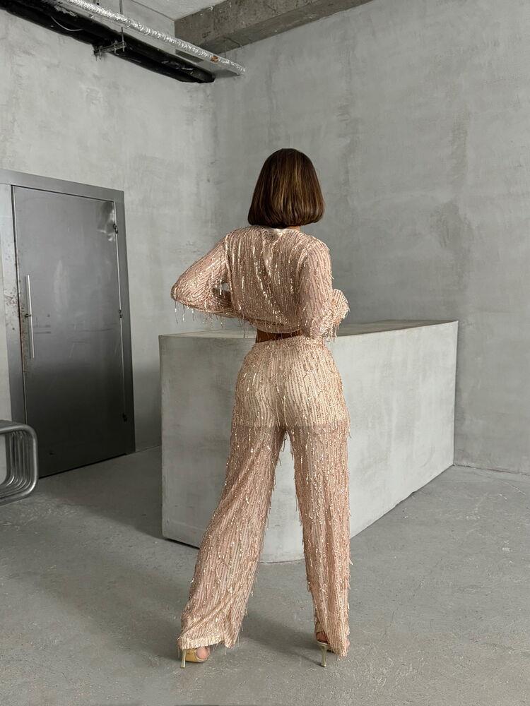 Pullu Tül Toptan Pantolon - Taş Gold | TOPSHOW