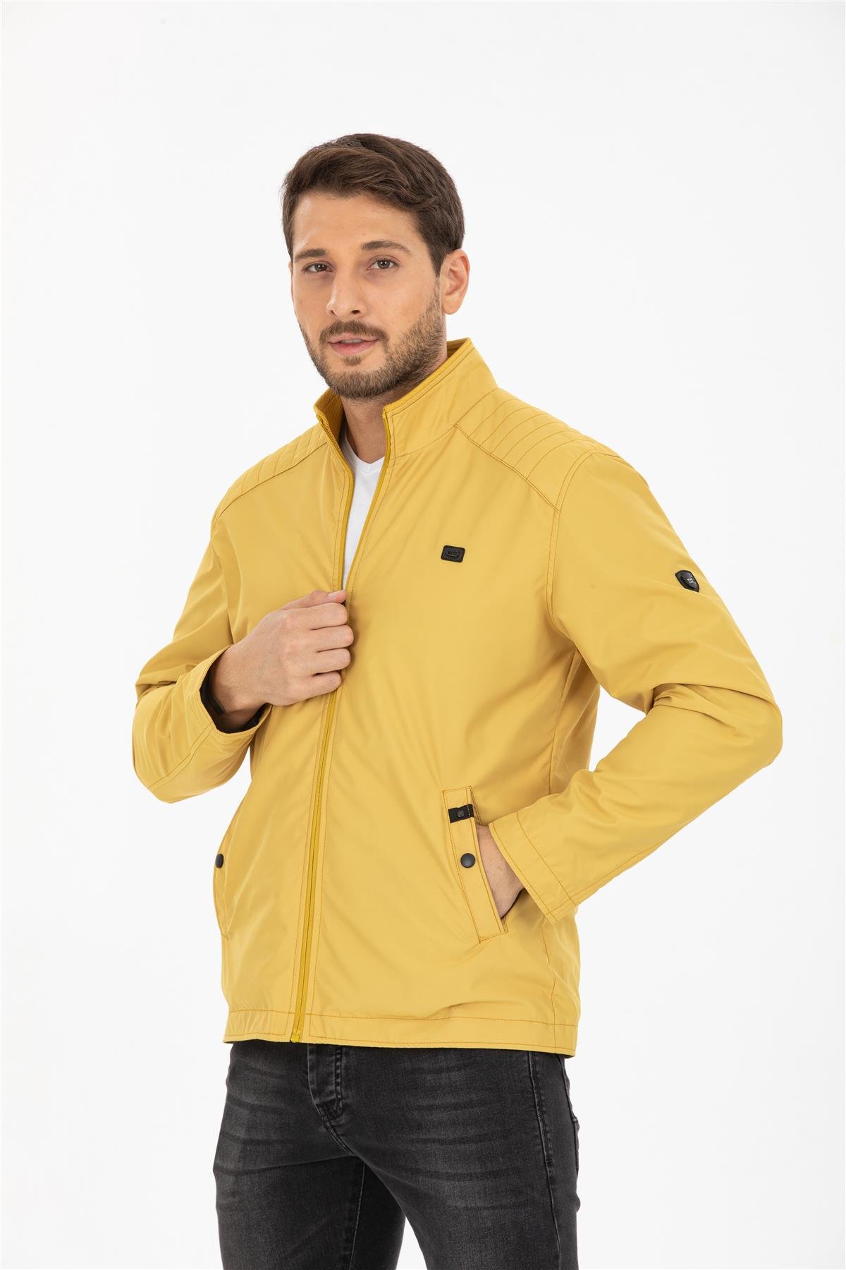 Wholesale Yellow Stand Collar Shoulder Detail Jersey Lined Spring Jacket 3065S