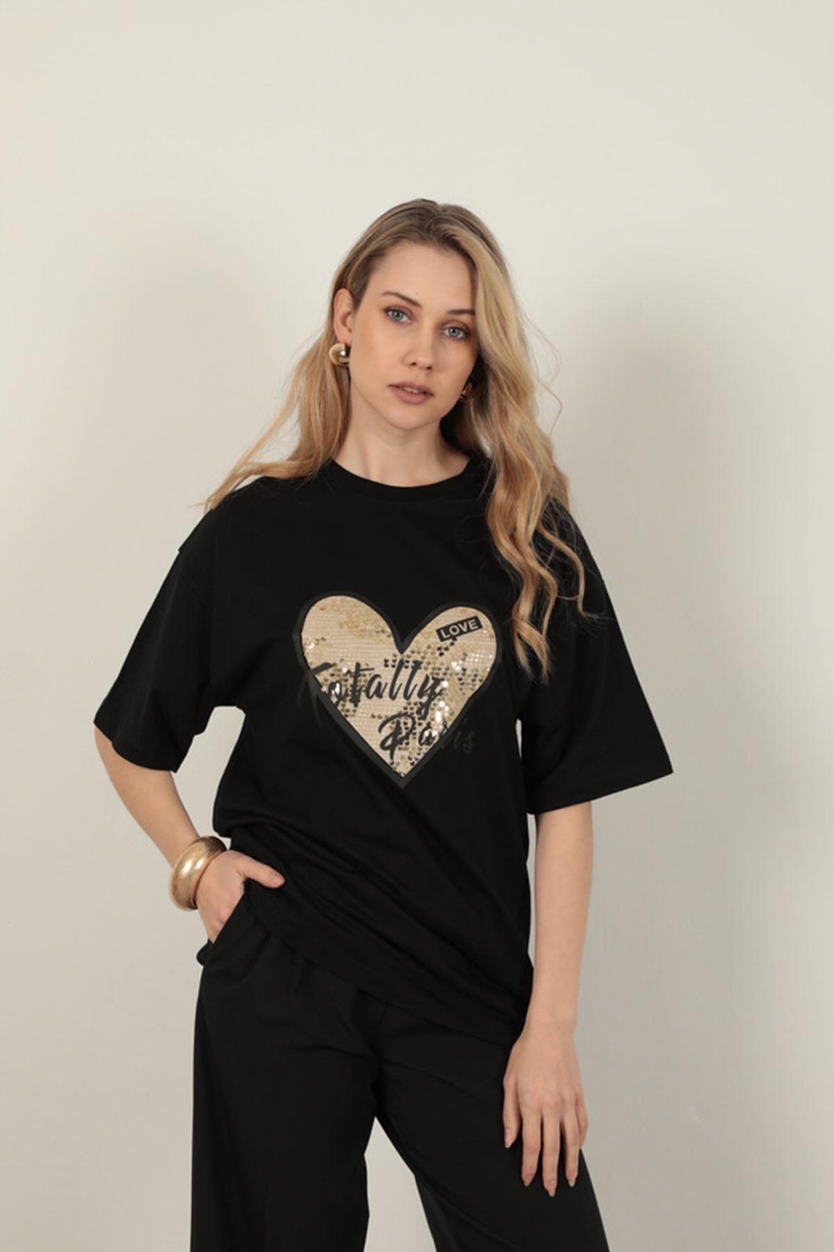Sequin Detailed Women's T-Shirt-Black