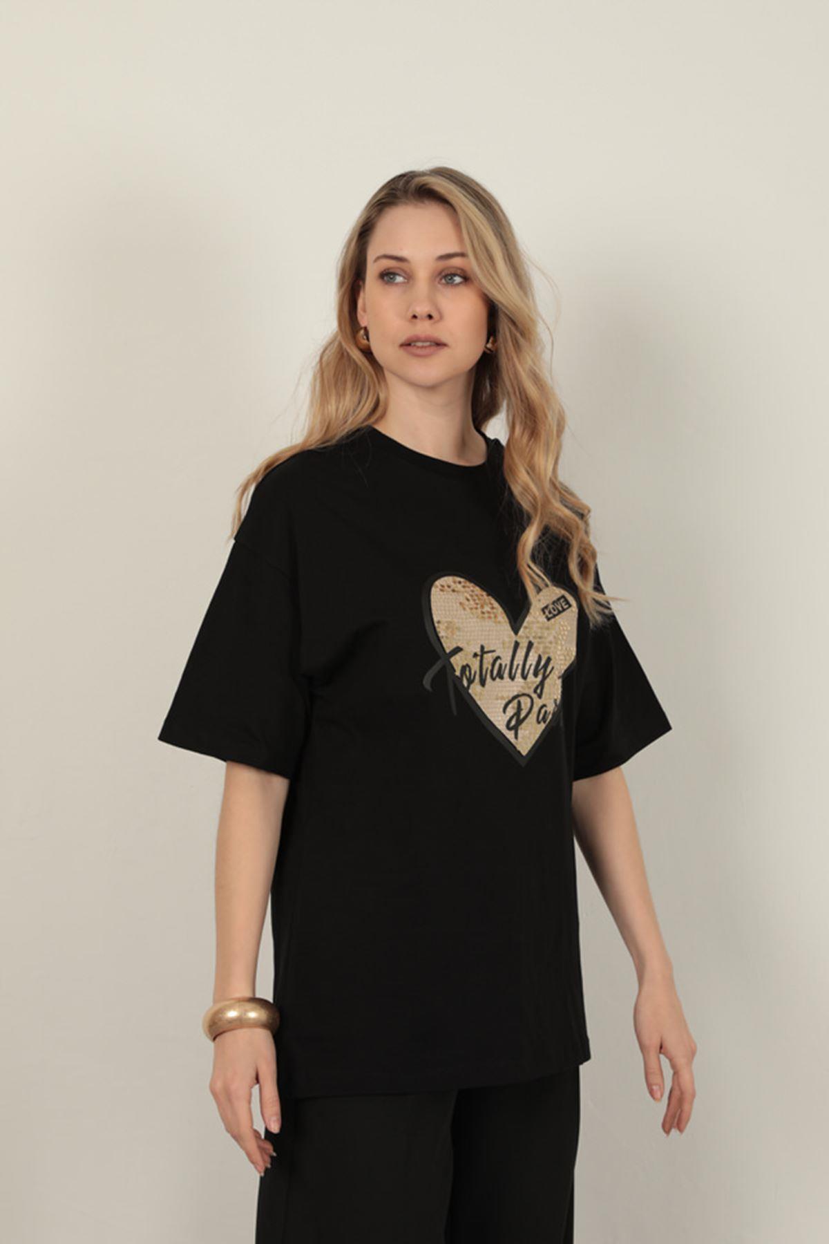 Sequin Detailed Women's T-Shirt-Black