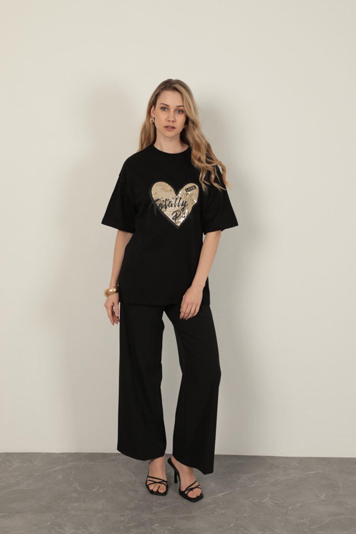 Sequin Detailed Women's T-Shirt-Black