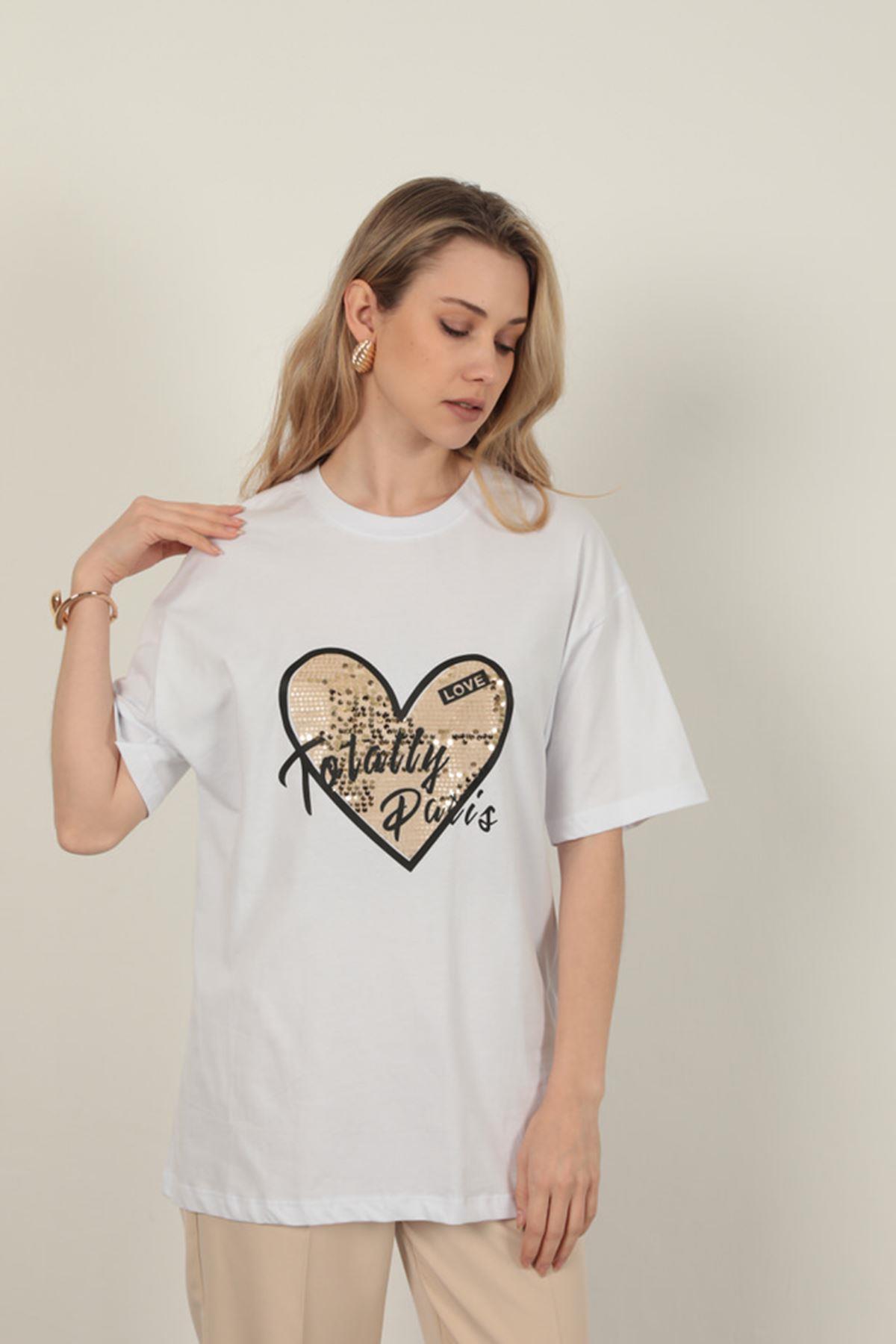 Sequin Detailed Women's T-Shirt-White